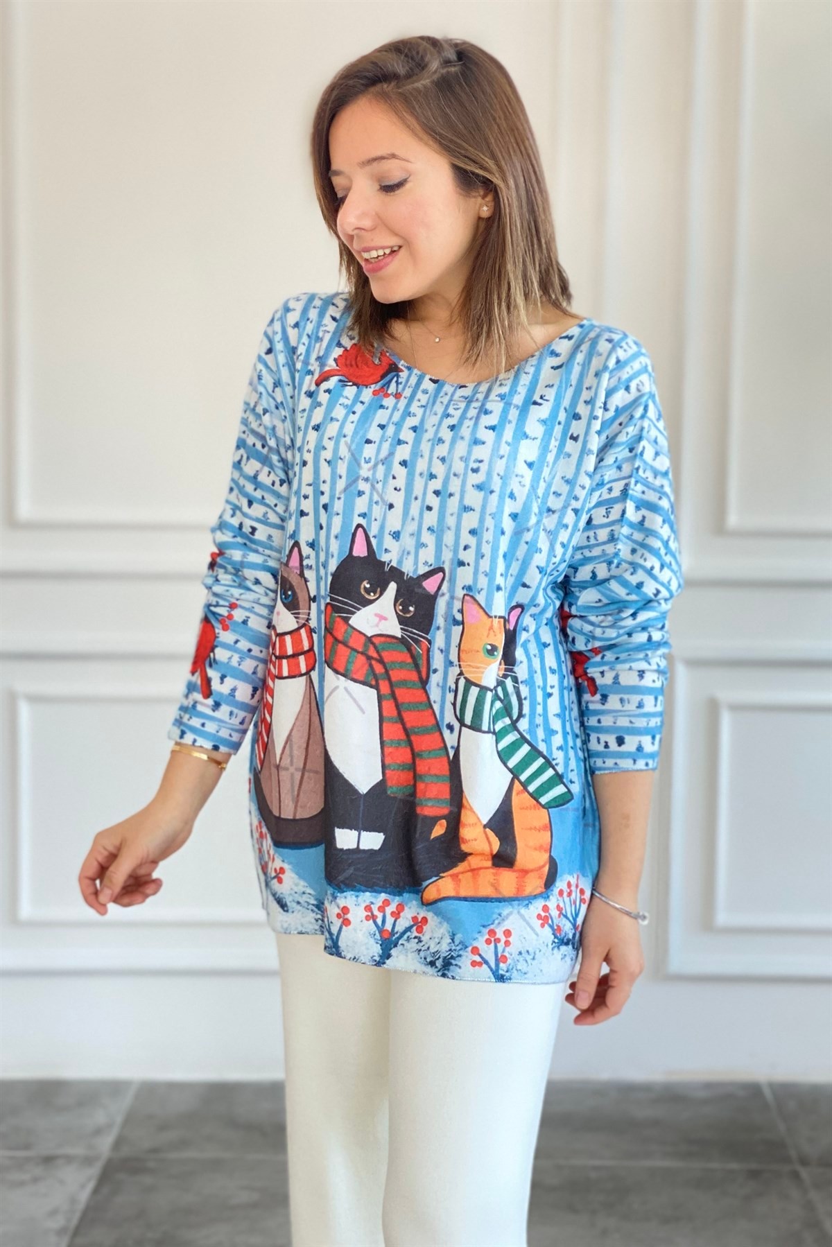 Atkılı Kedi Desenli Yumoş Triko