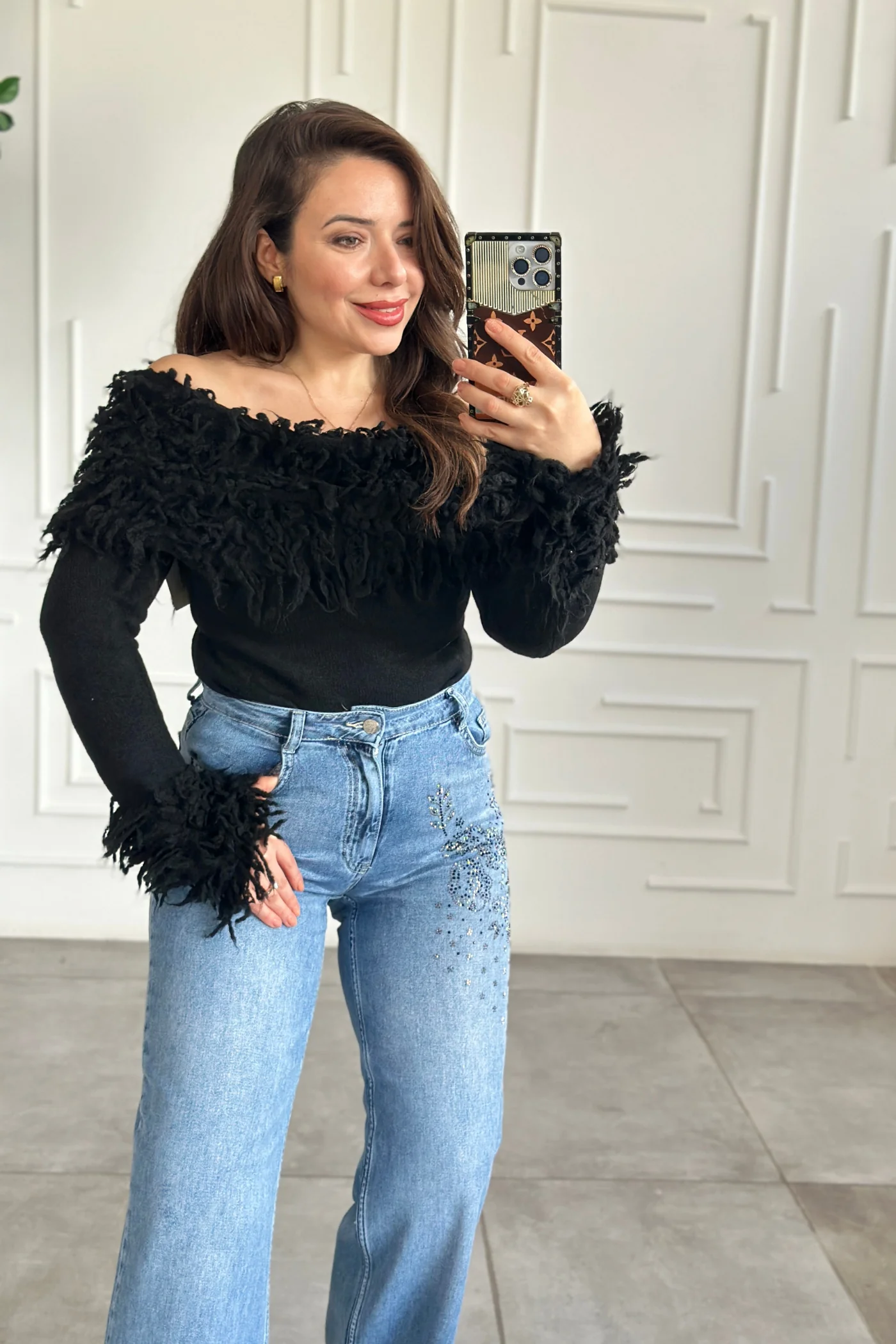 Ön Ve Arka Cebi Taş Detaylı Palazzo Kot Pantolon