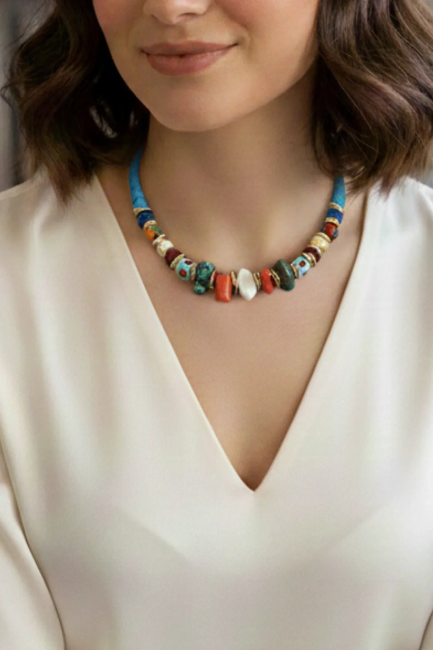 KLY52 Doğal taş Mercan Ve Nazar boncuk Detaylı Kolye 