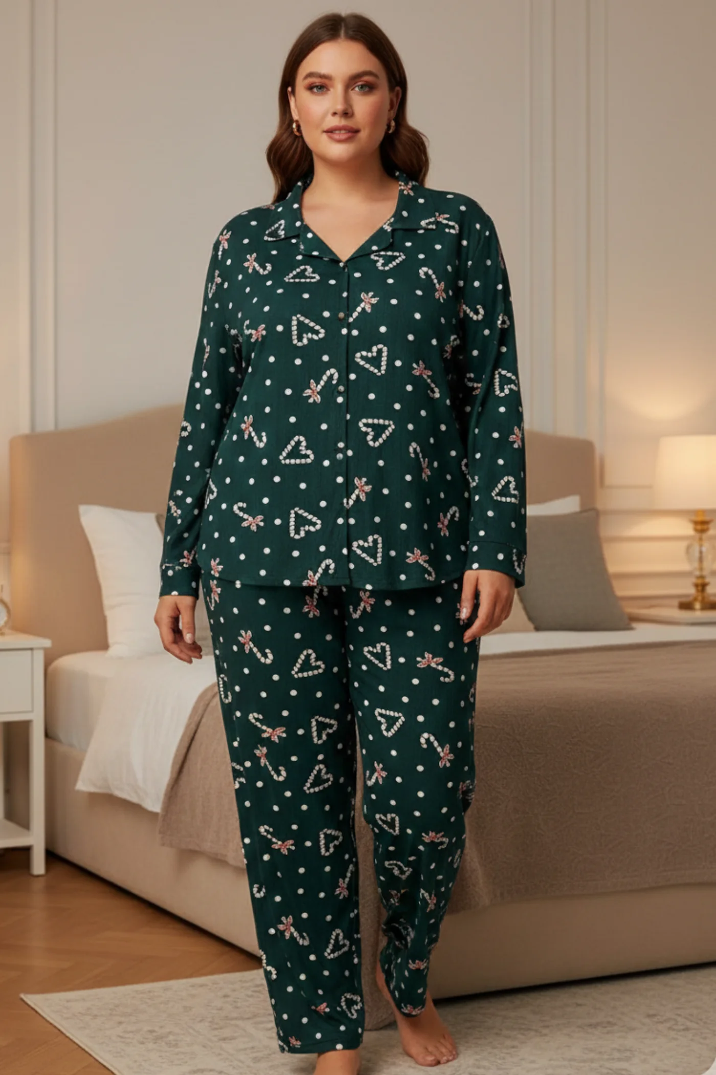 Büyük Beden Desenli Pijama Takımı  - YESIL