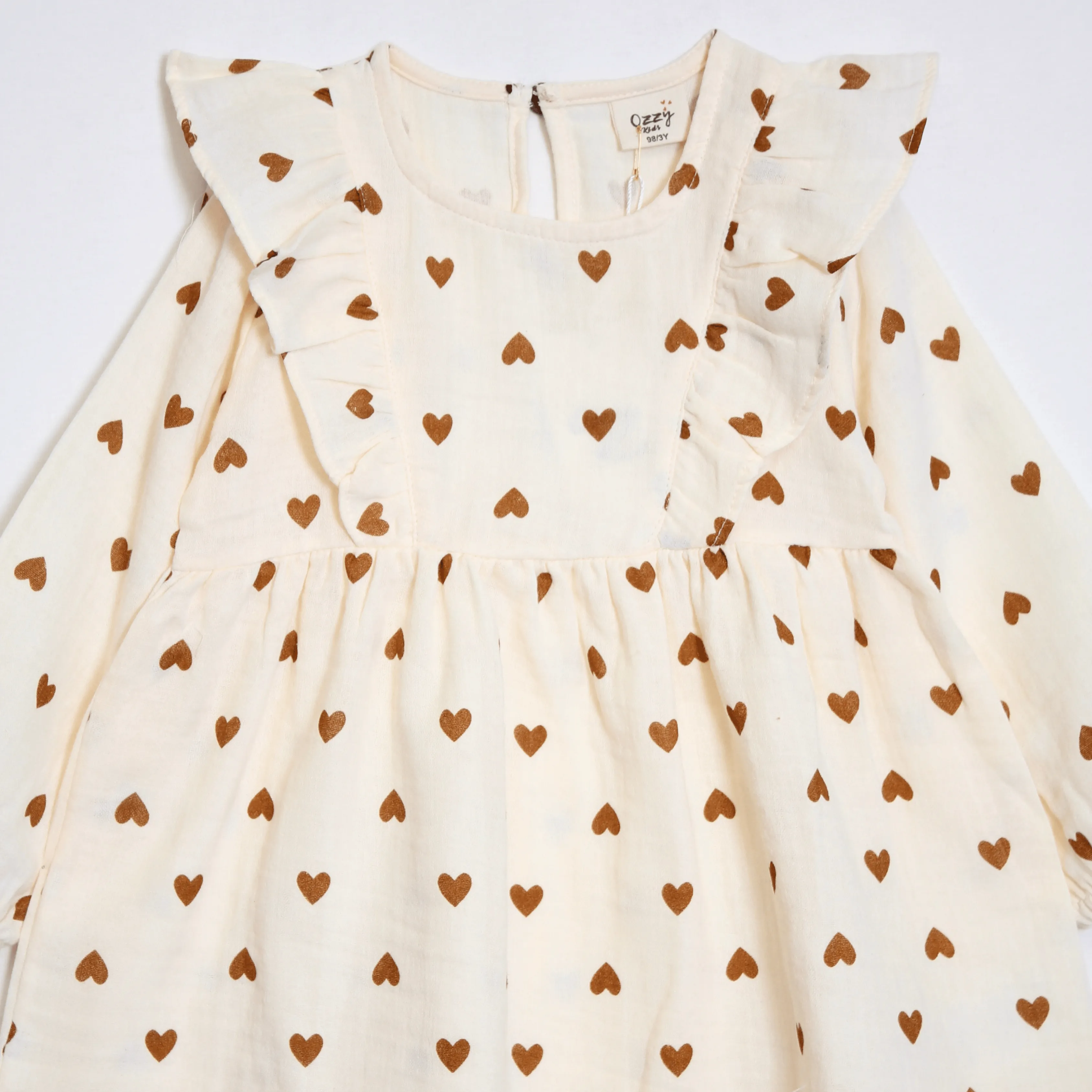 Kız Çocuk Kalp Desenli Müslin Kumaş Elbise