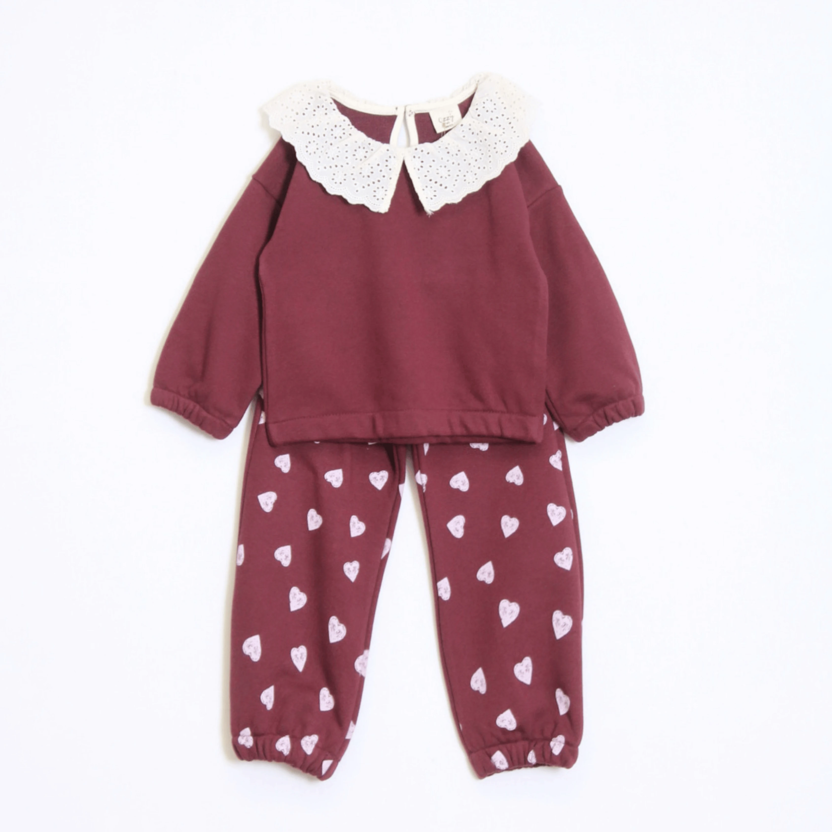 Kız Çocuk Yakalı Kalp Desenli Takım