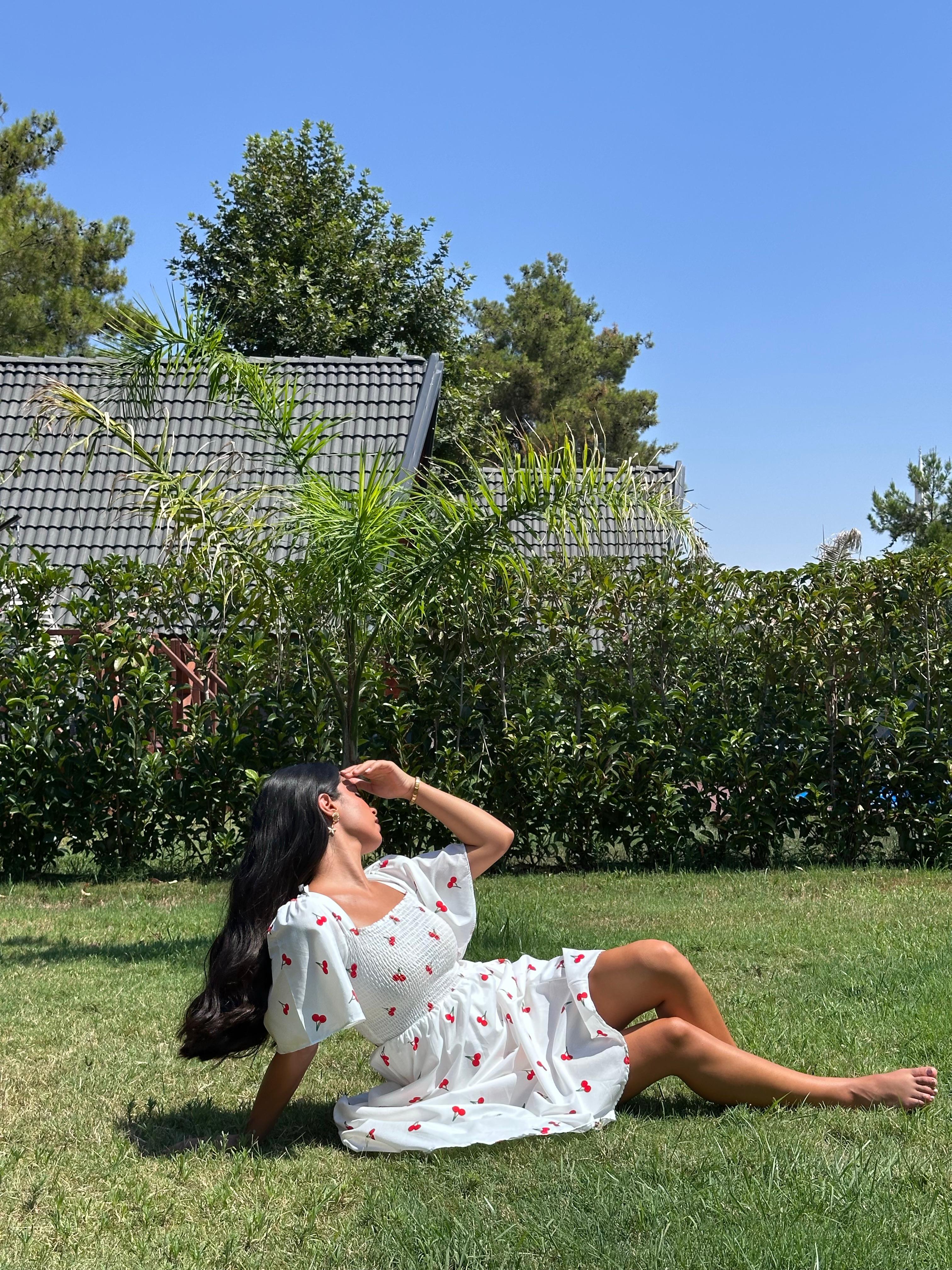 Beyaz 2101 Kirazlı Sundress Elbise
