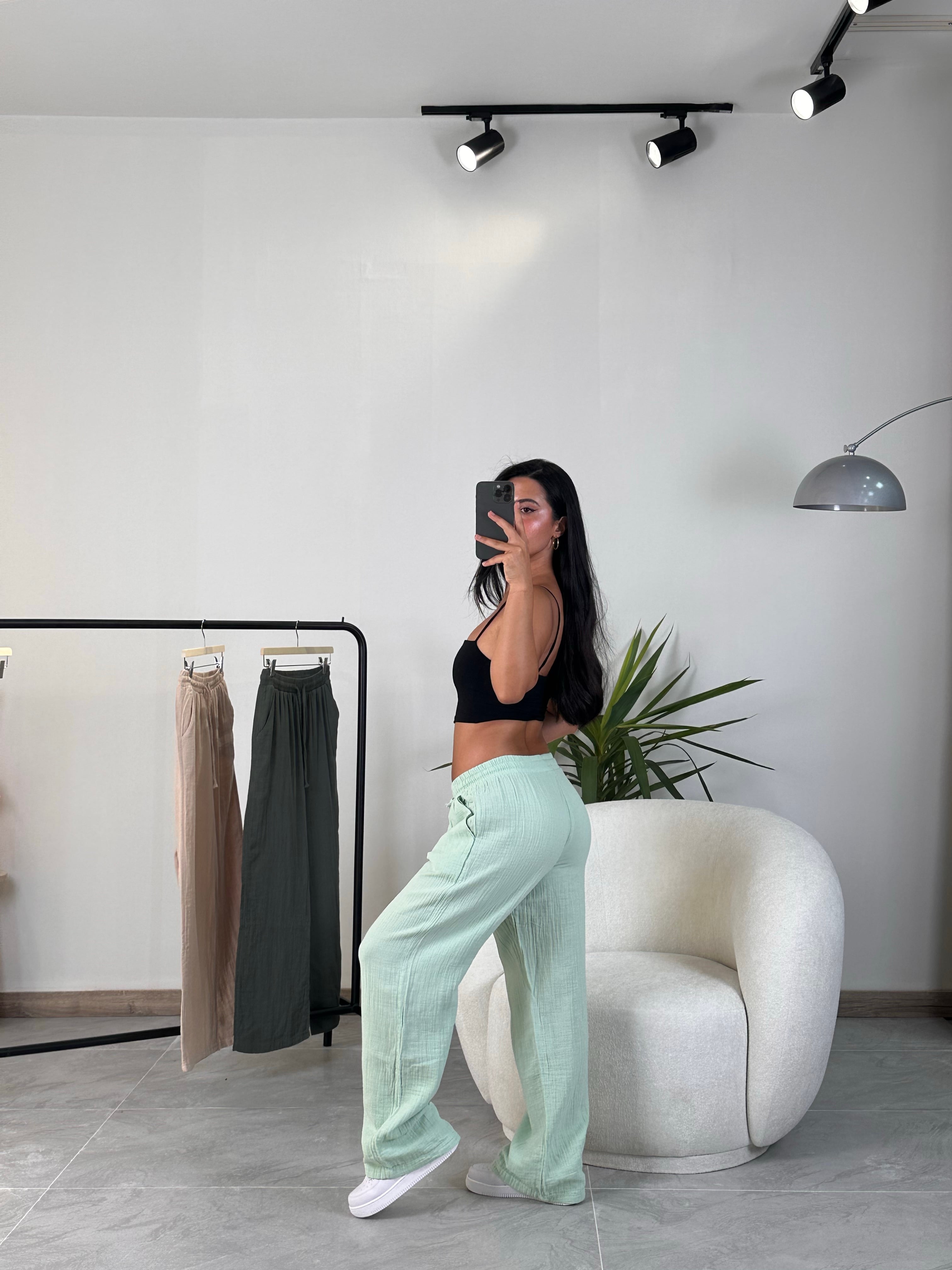 2470 Muadil Müslin Pantolon - Mint Yeşili