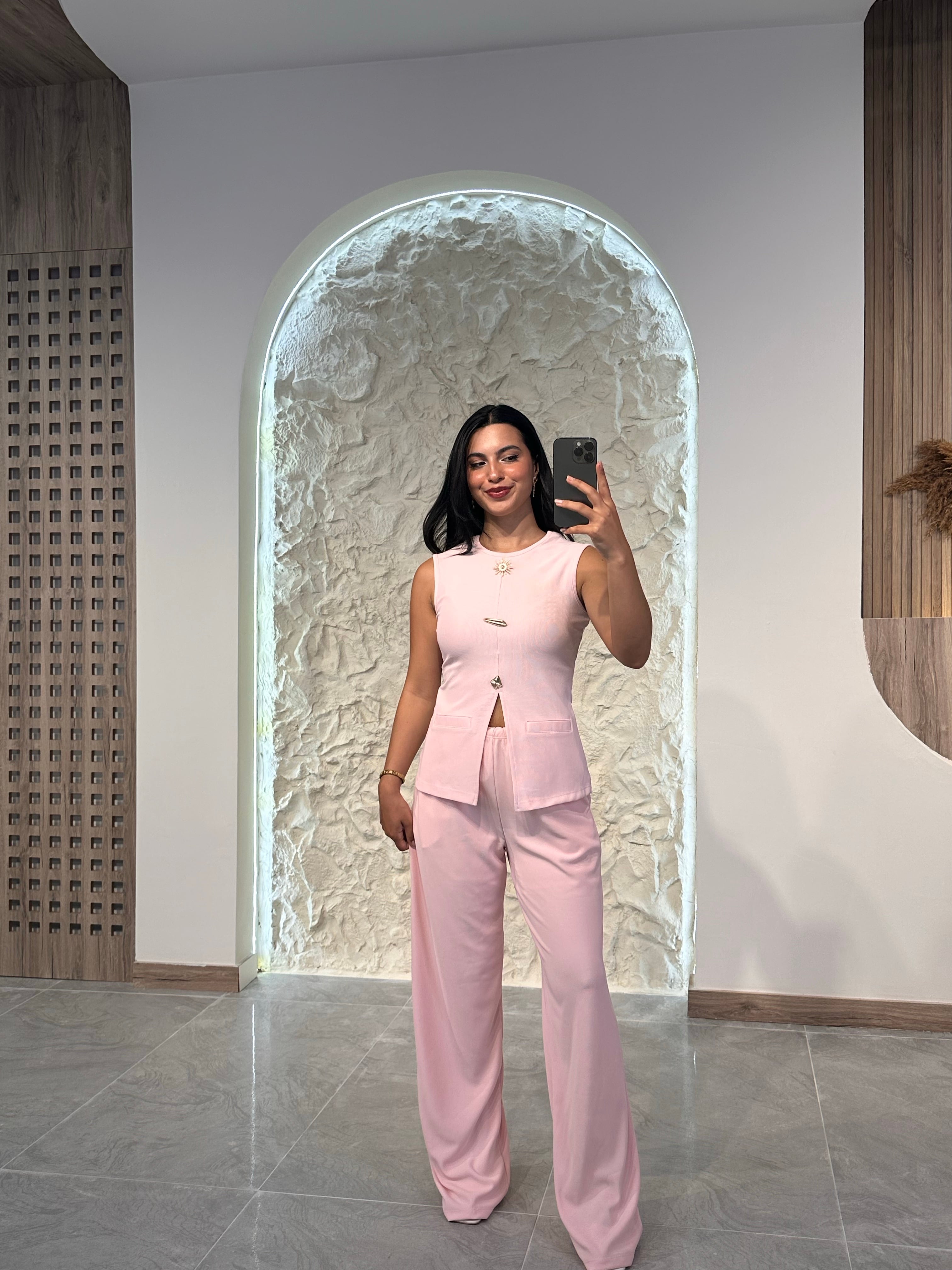 2448 Ottoman Kumaş Altın Aksesuarlı Bluz - Pembe
