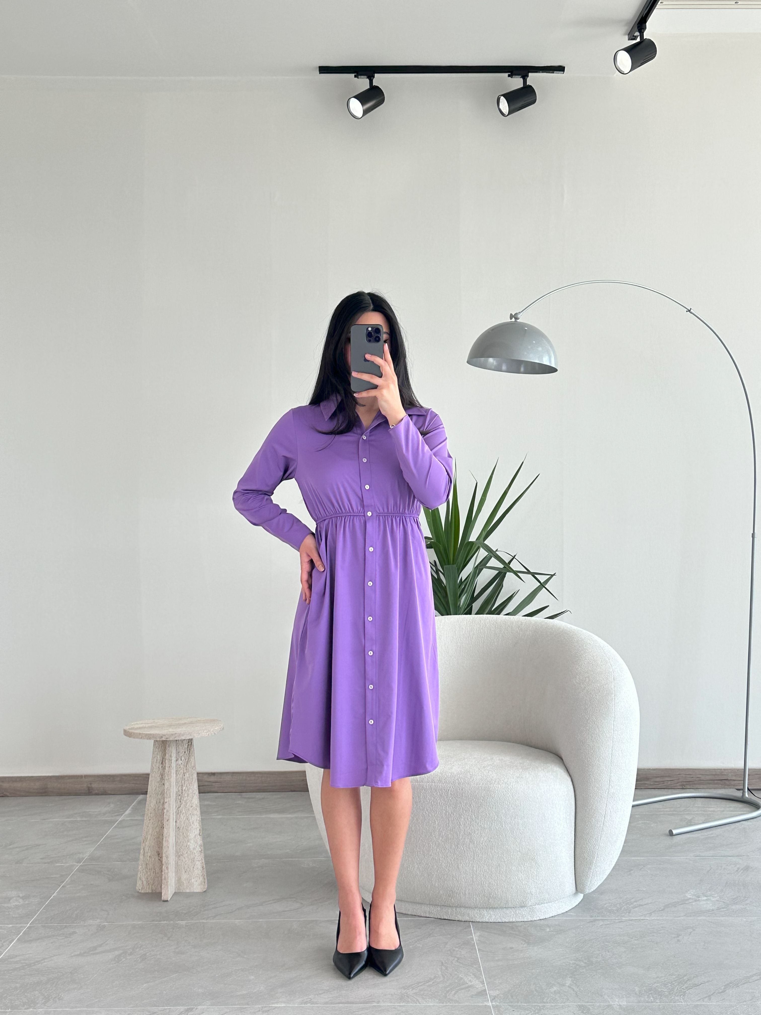 Mor Beli Lastikli Elbise 2202