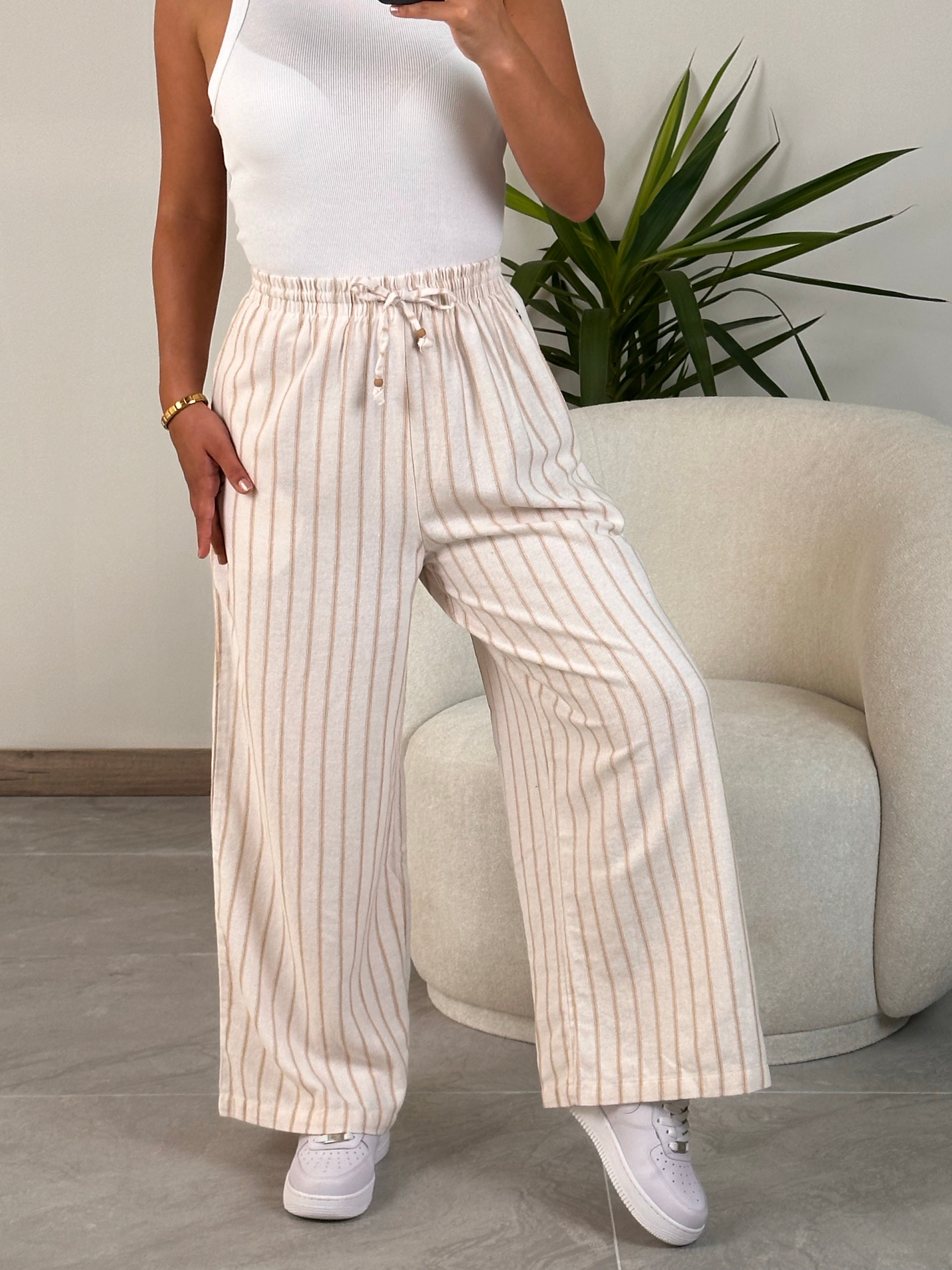 2490 Muadil Çizgili Keten Pantolon - Krem