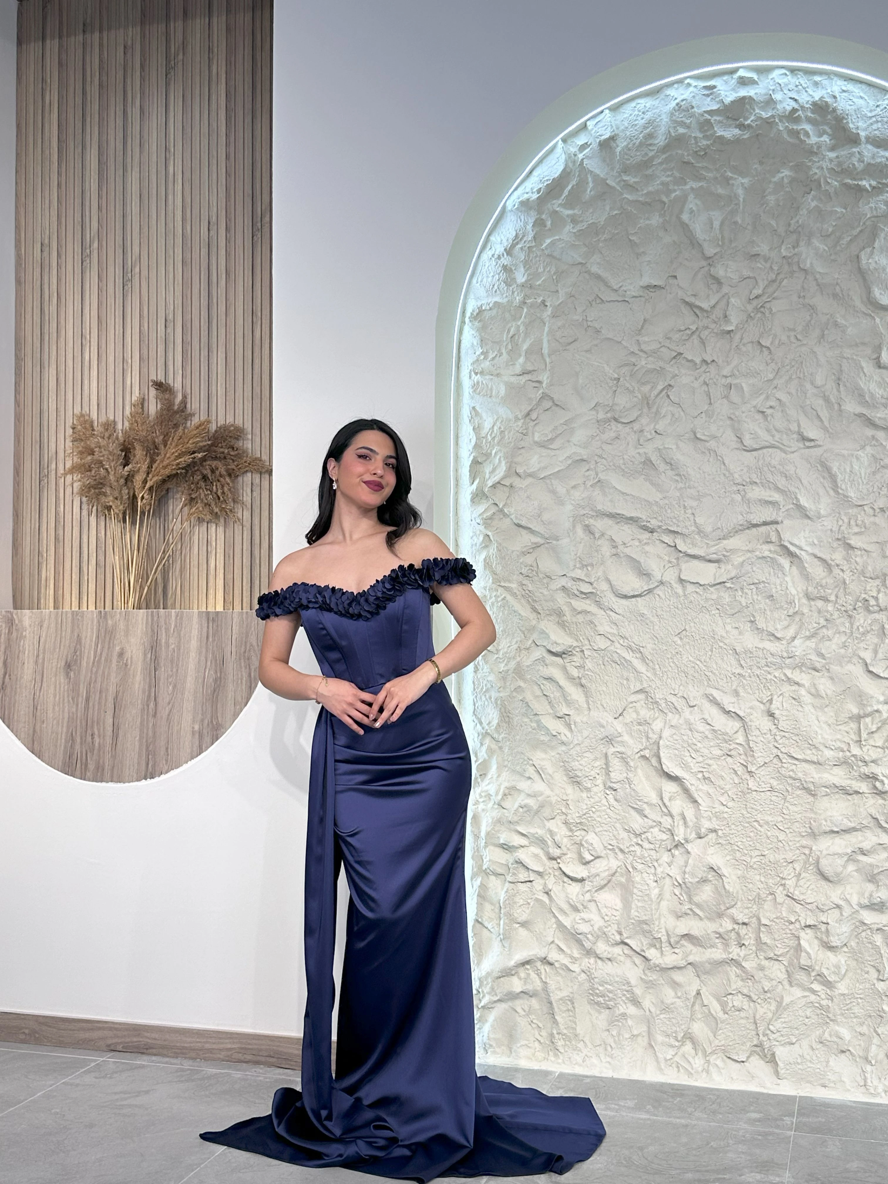 Lacivert 1002 Çiçek Detaylı Abiye Elbise