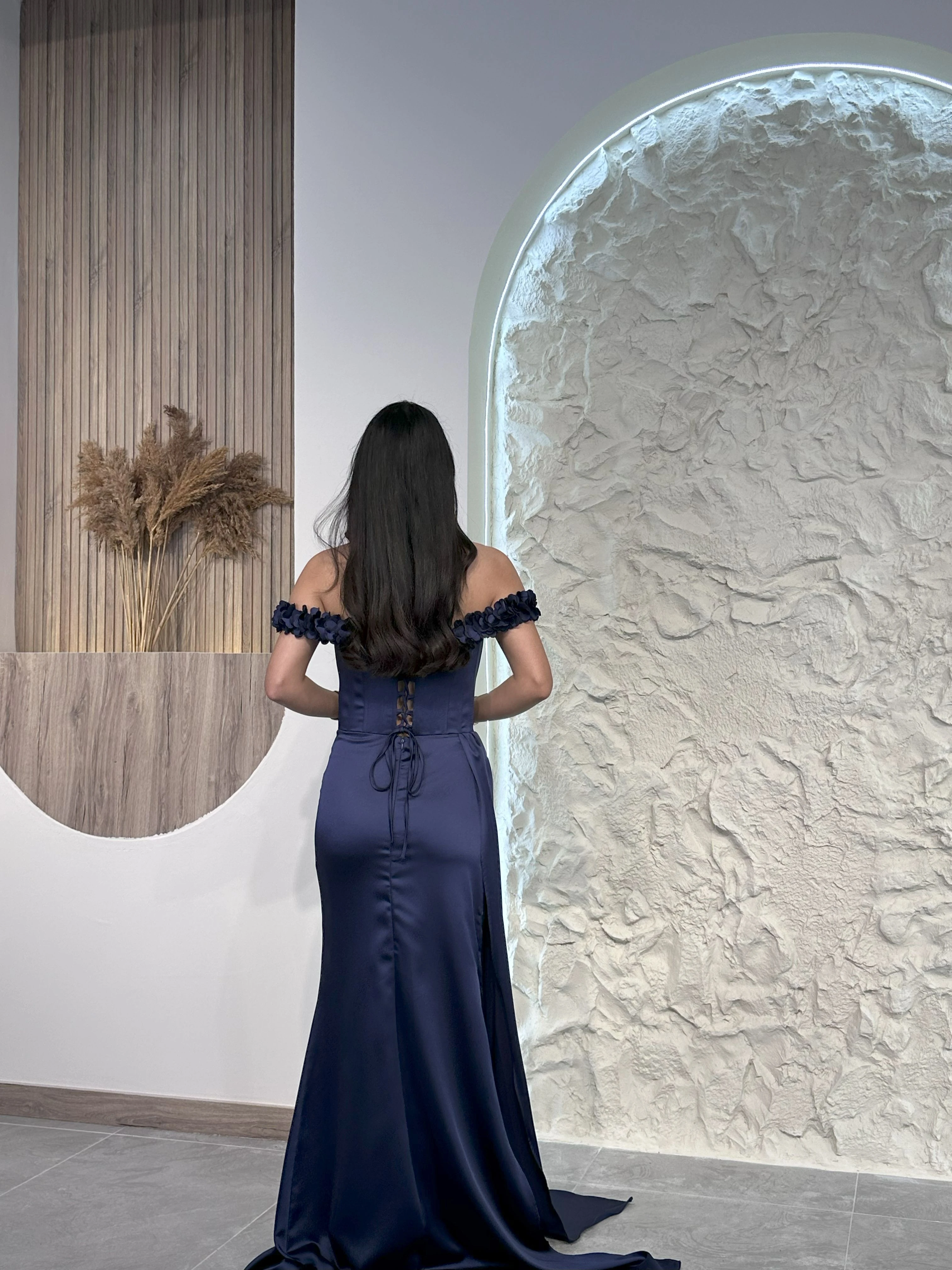 Lacivert 1002 Çiçek Detaylı Abiye Elbise