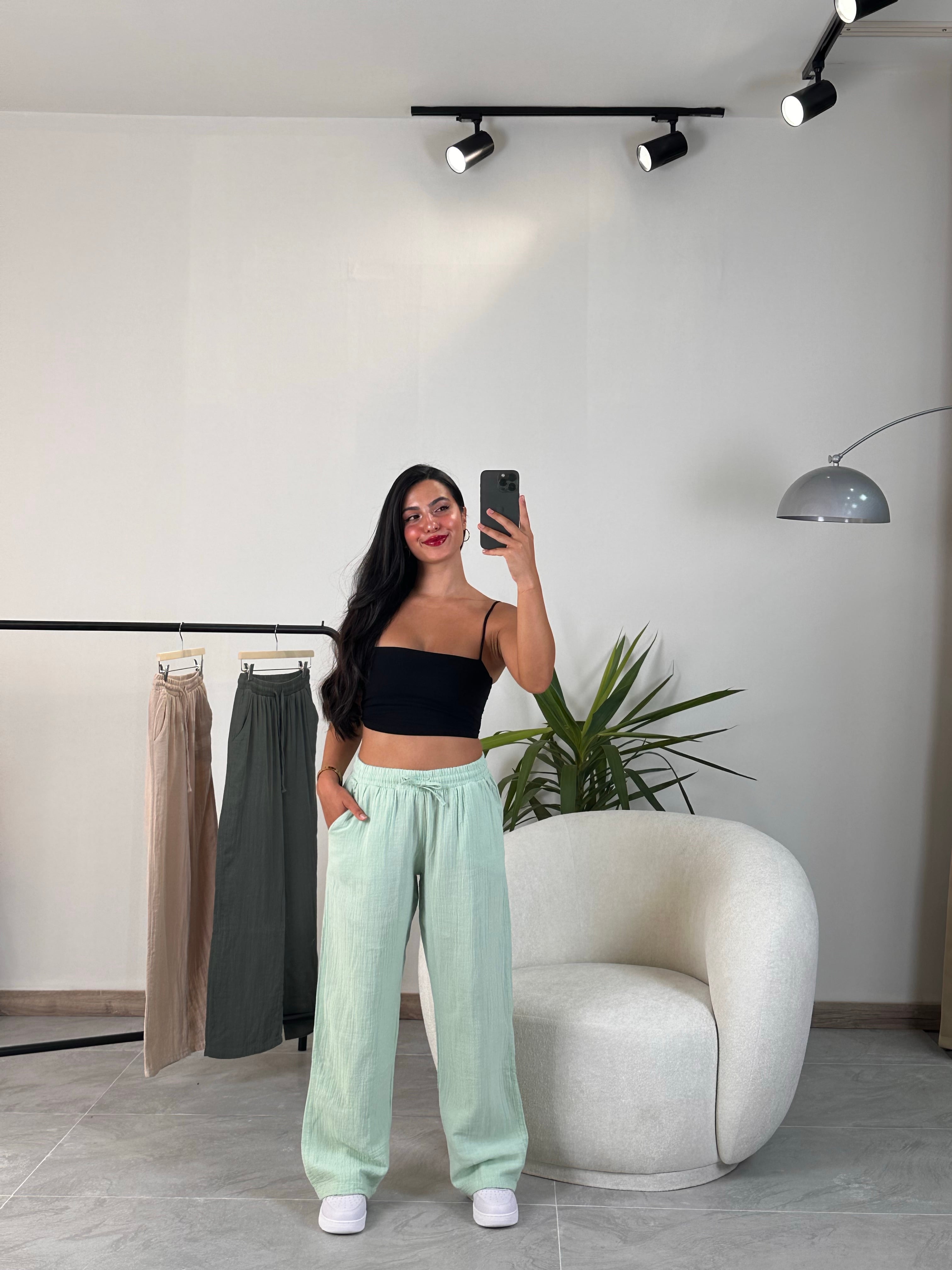 2470 Muadil Müslin Pantolon - Mint Yeşili