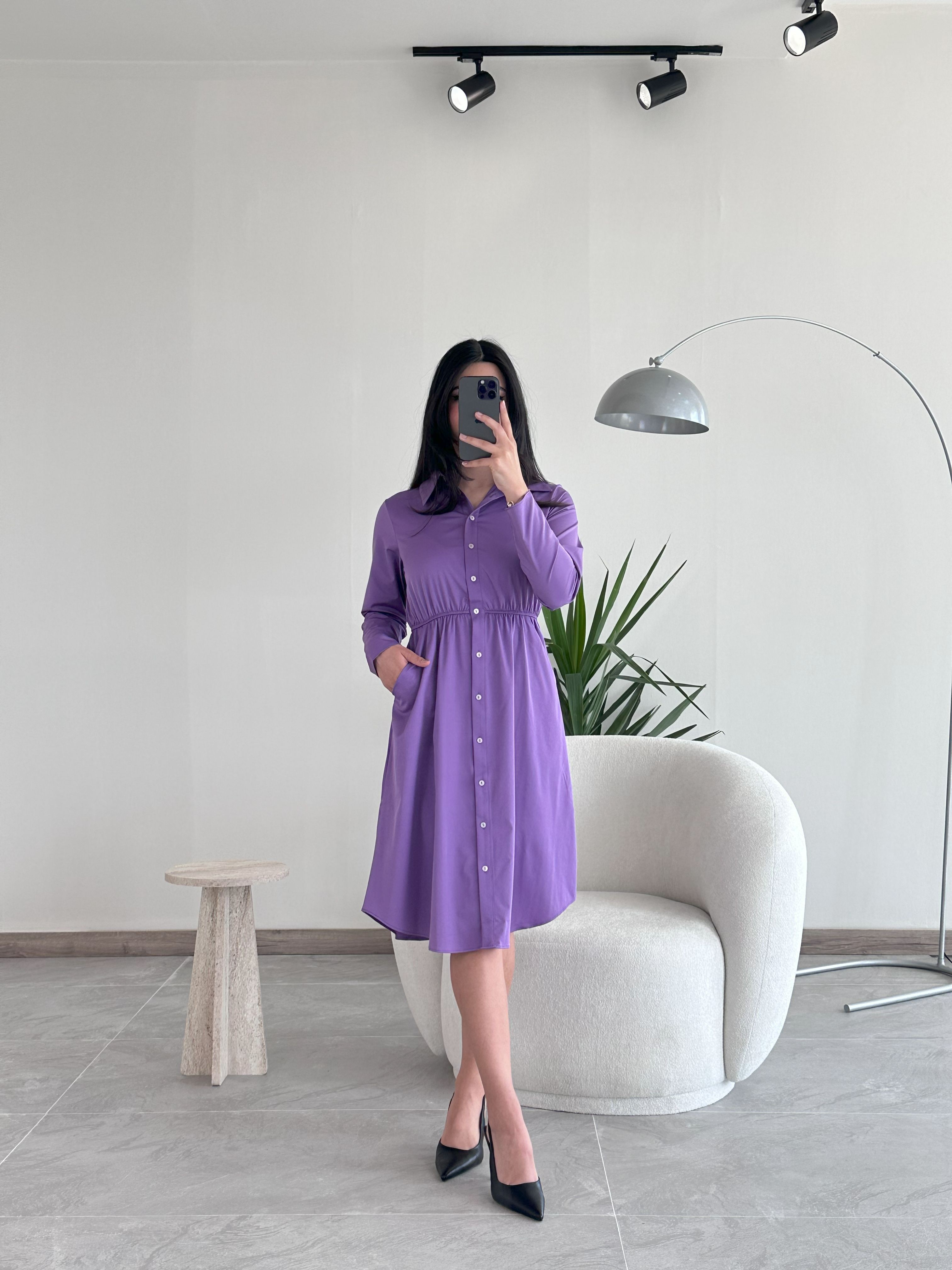 Mor Beli Lastikli Elbise 2202