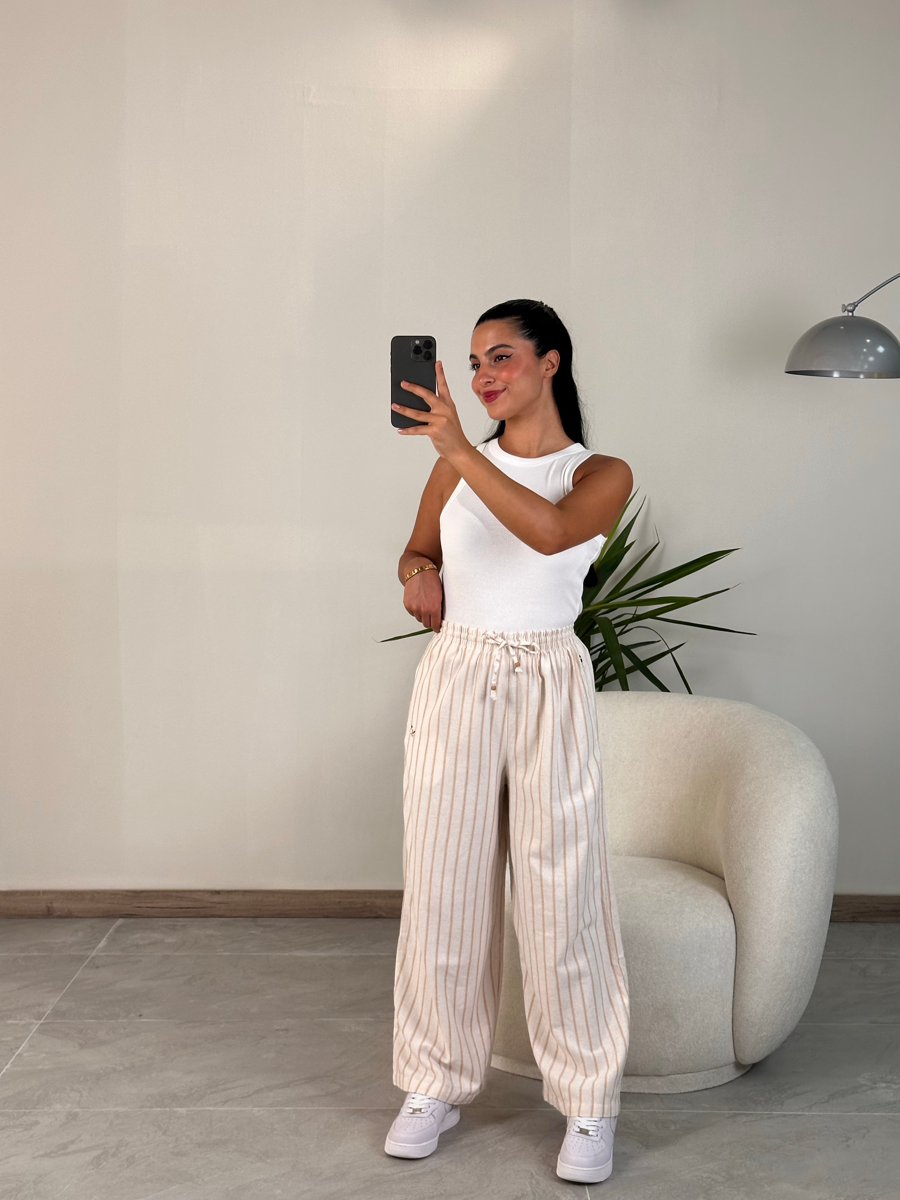 2490 Muadil Çizgili Keten Pantolon - Krem
