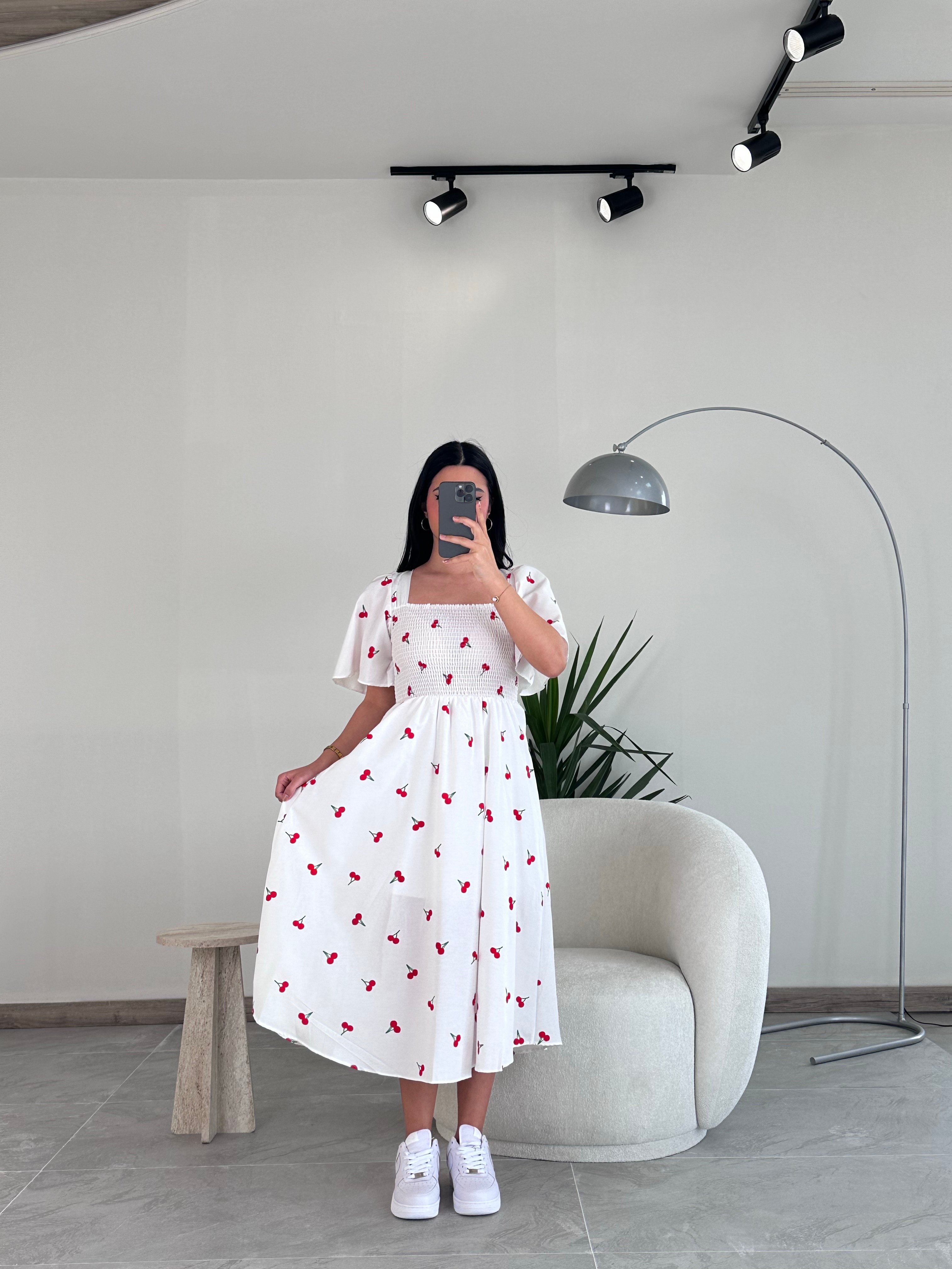 Beyaz 2101 Kirazlı Sundress Elbise