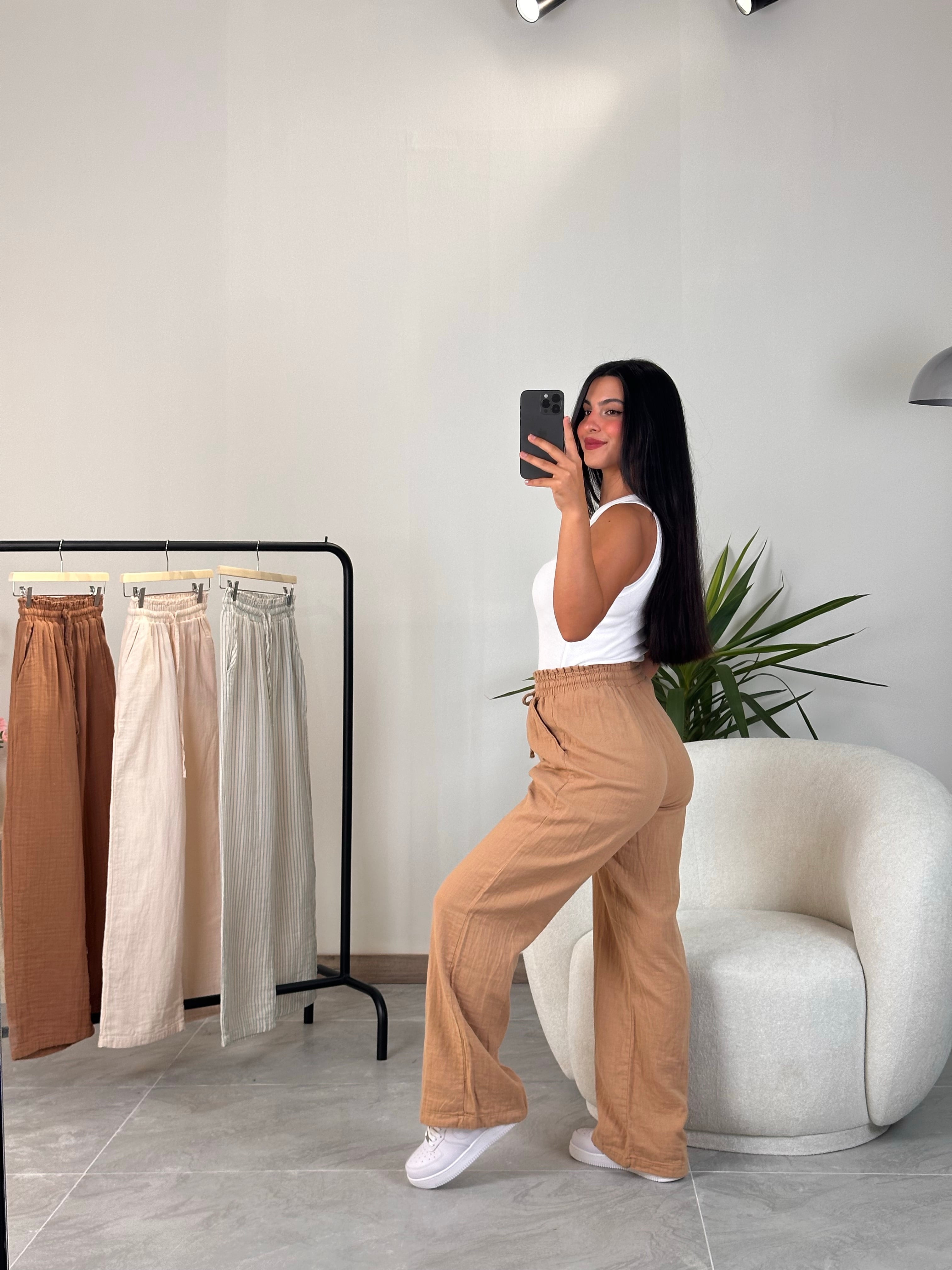 2480 Muadil Bağcıklı Müslin Pantolon - Açık Kahverengi