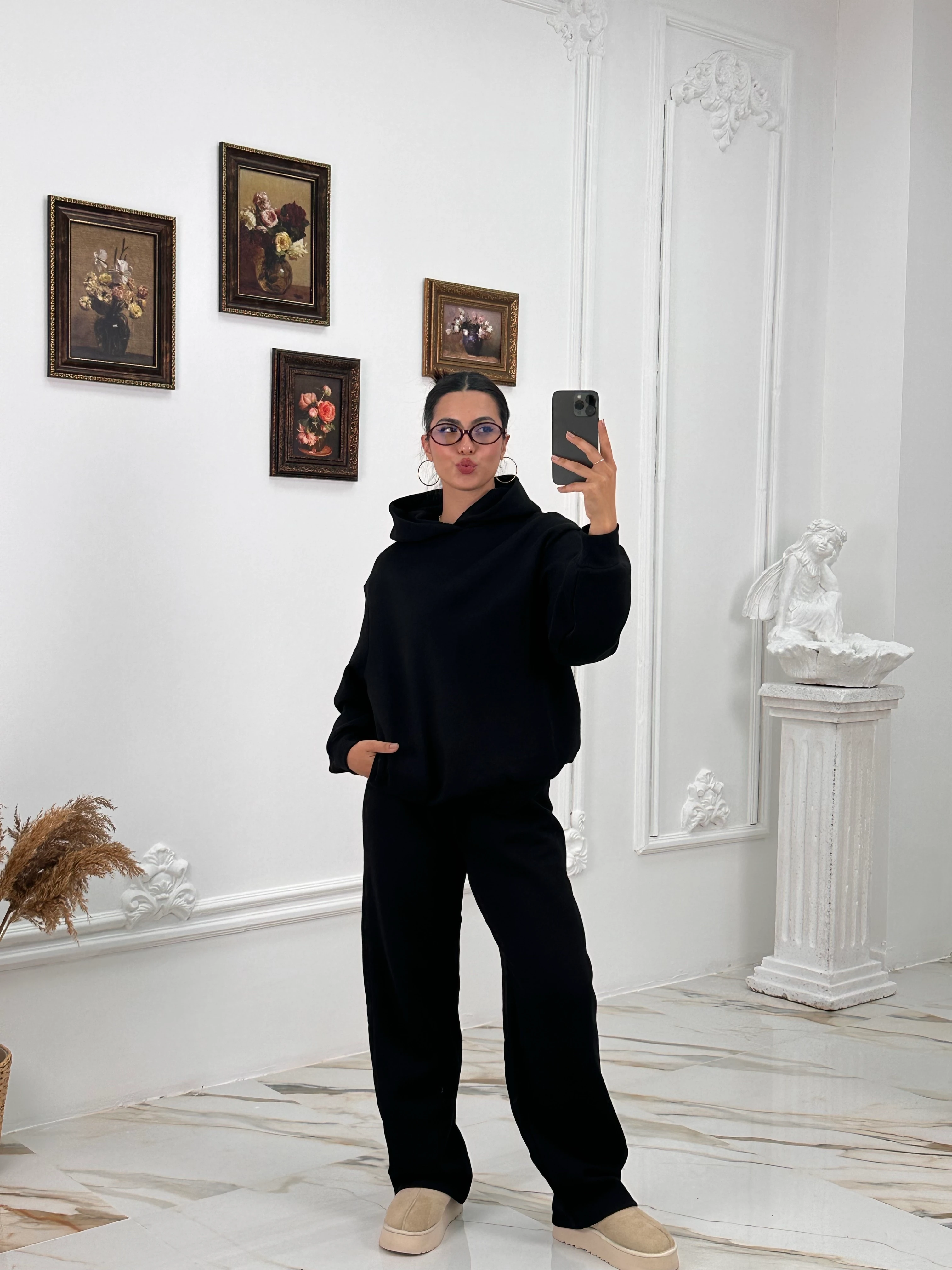 633 Muadil Oversize Şardonlu Hoodie Takım - Siyah