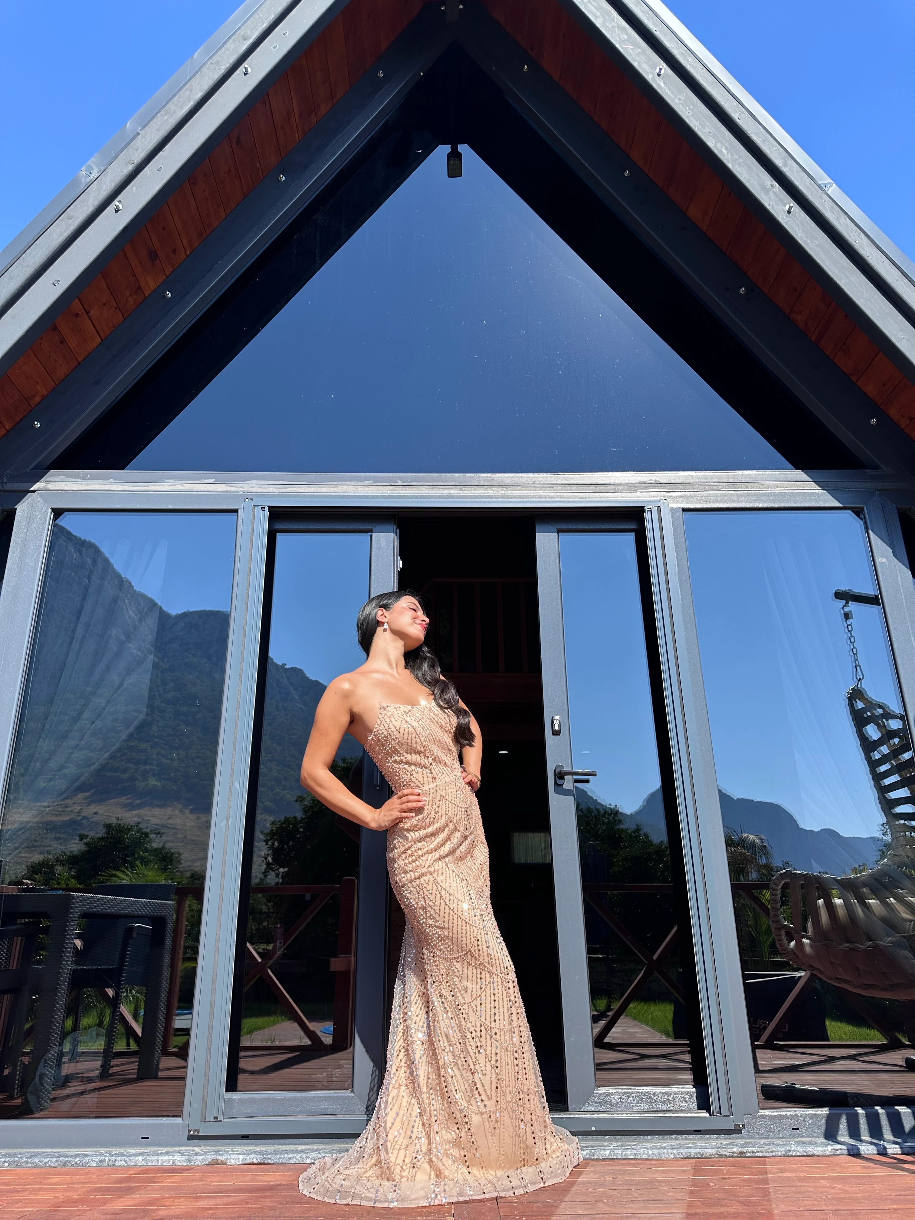 1056 (Yeni Seri) Pul Detaylı Abiye Elbise - Bej