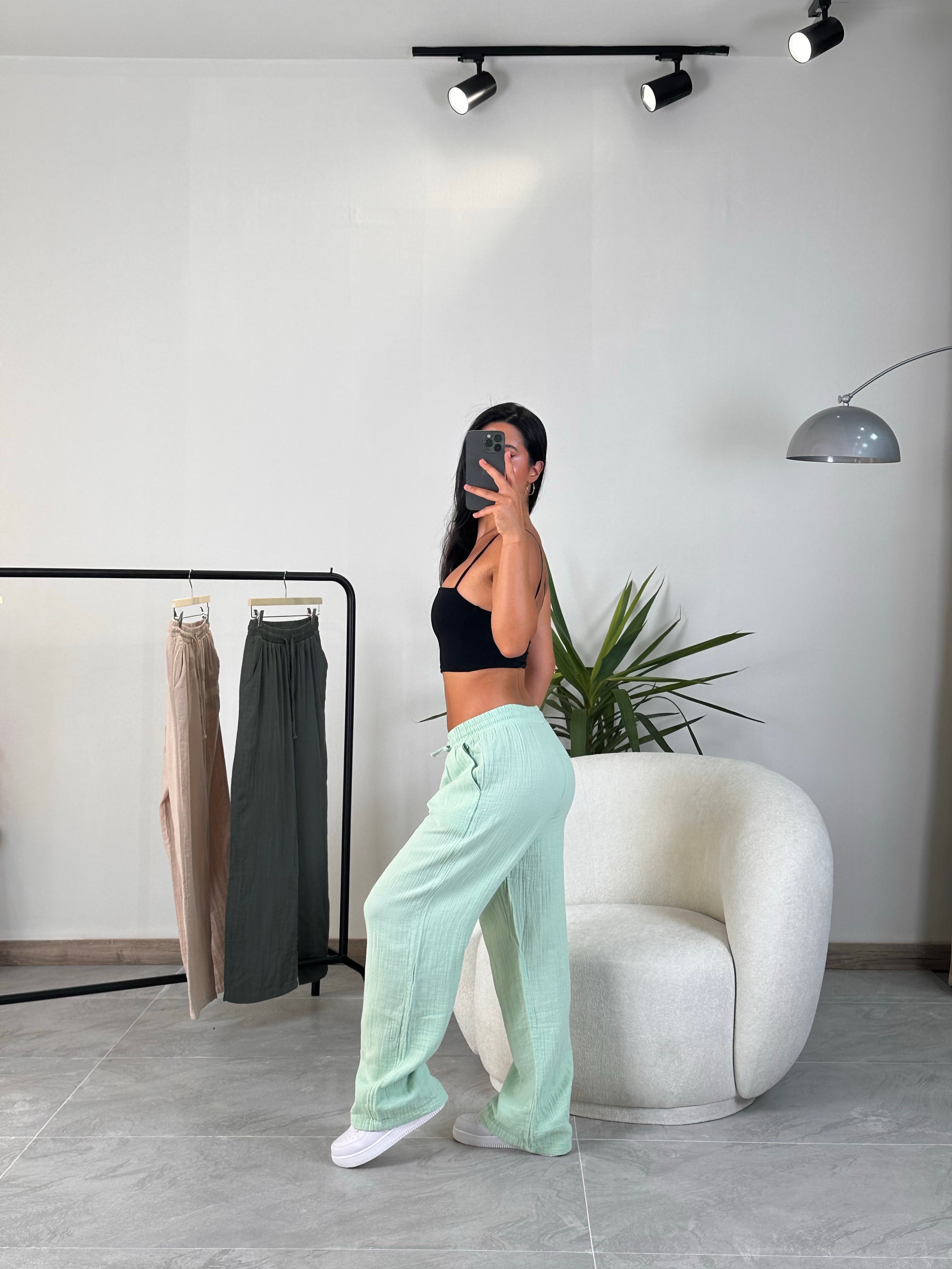 2470 Muadil Müslin Pantolon - Mint Yeşili