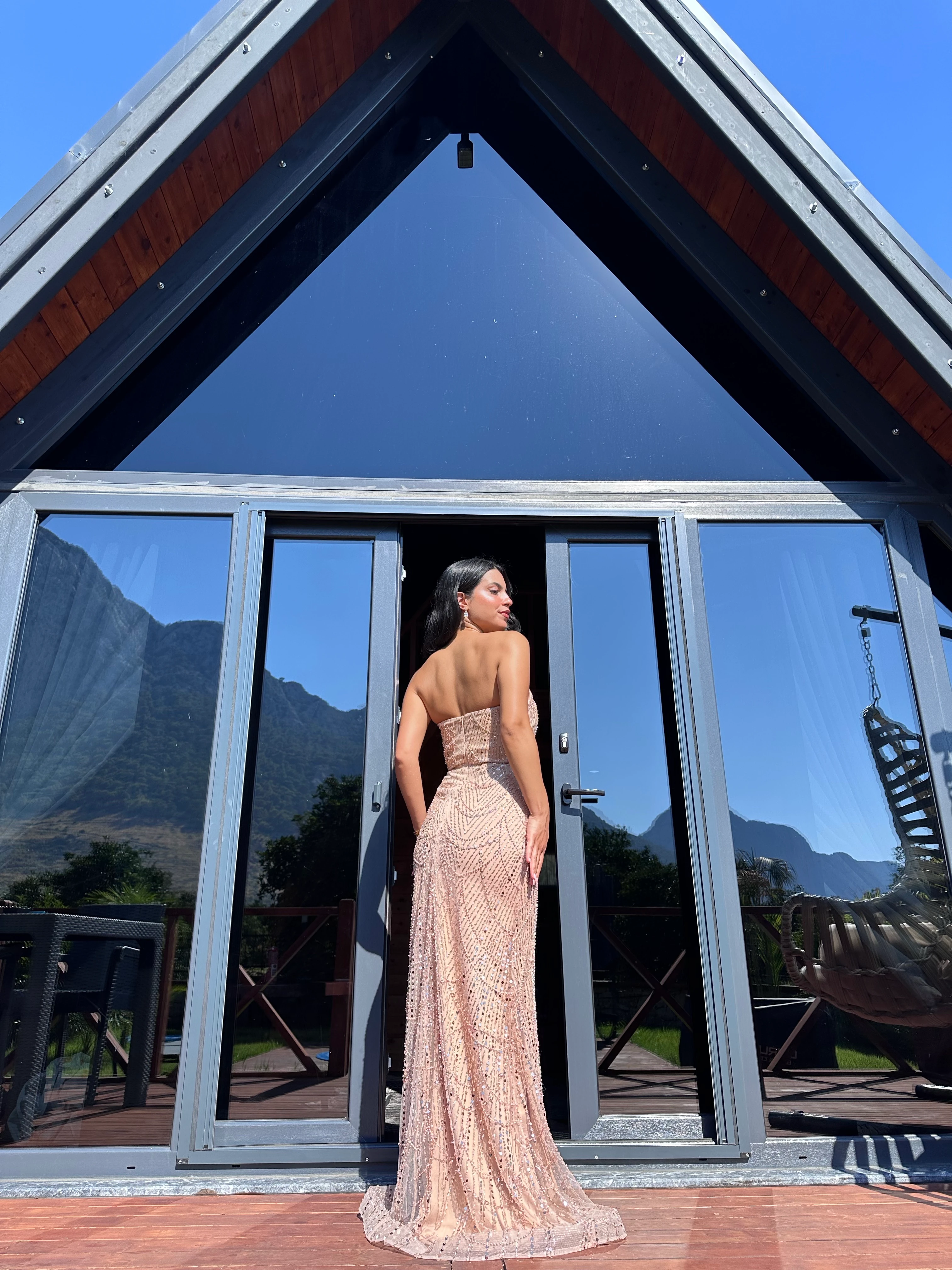 1056 (Yeni Seri) Pul Detaylı Abiye Elbise - Bej