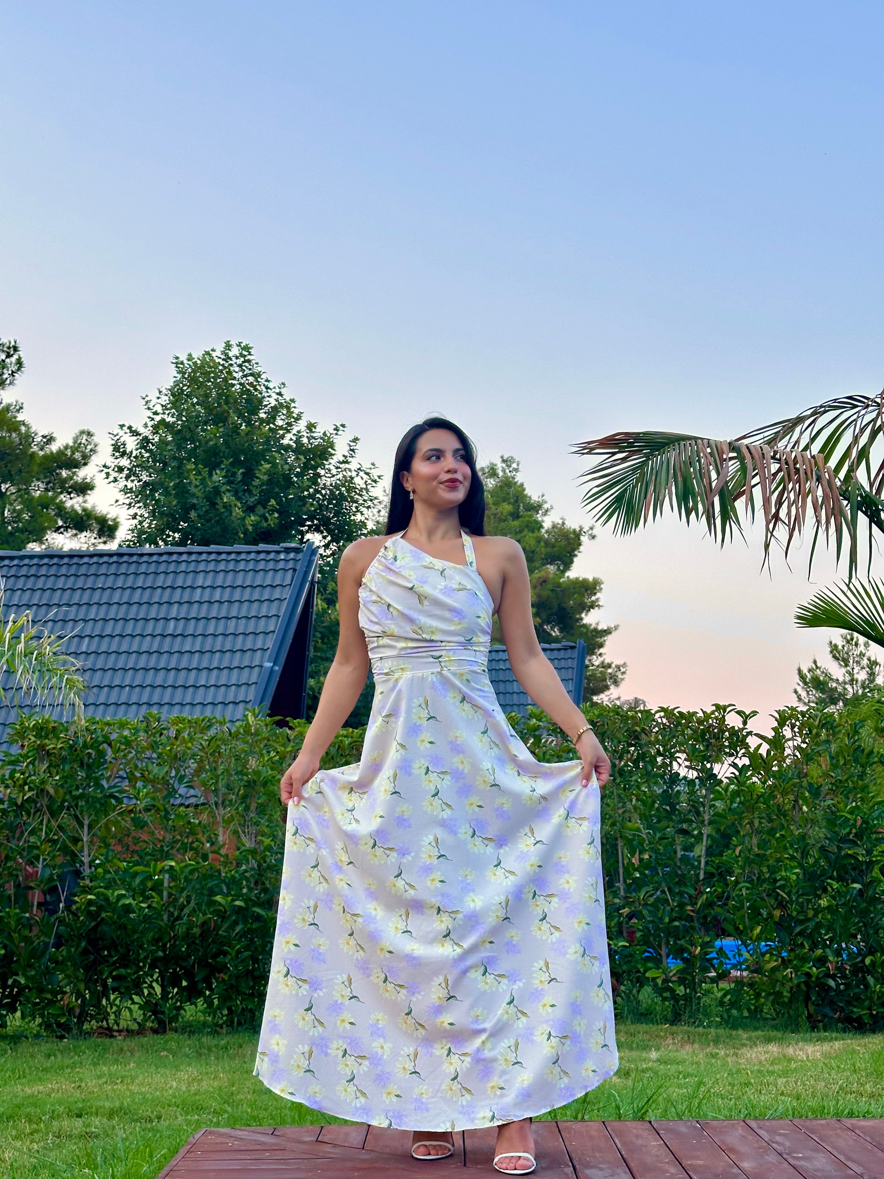 2363 Floral Sundress Elbise  - Krem