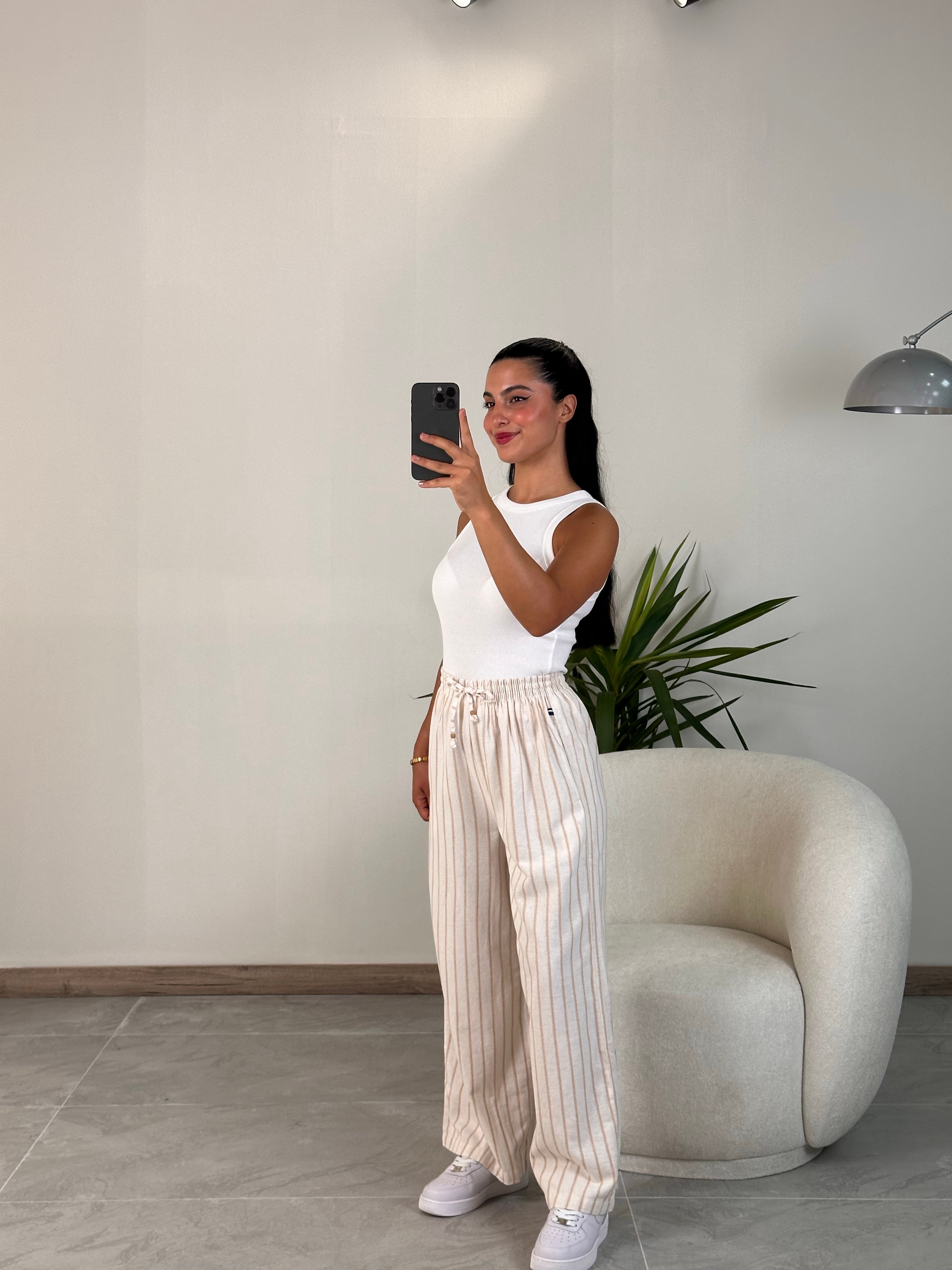 2490 Muadil Çizgili Keten Pantolon - Krem