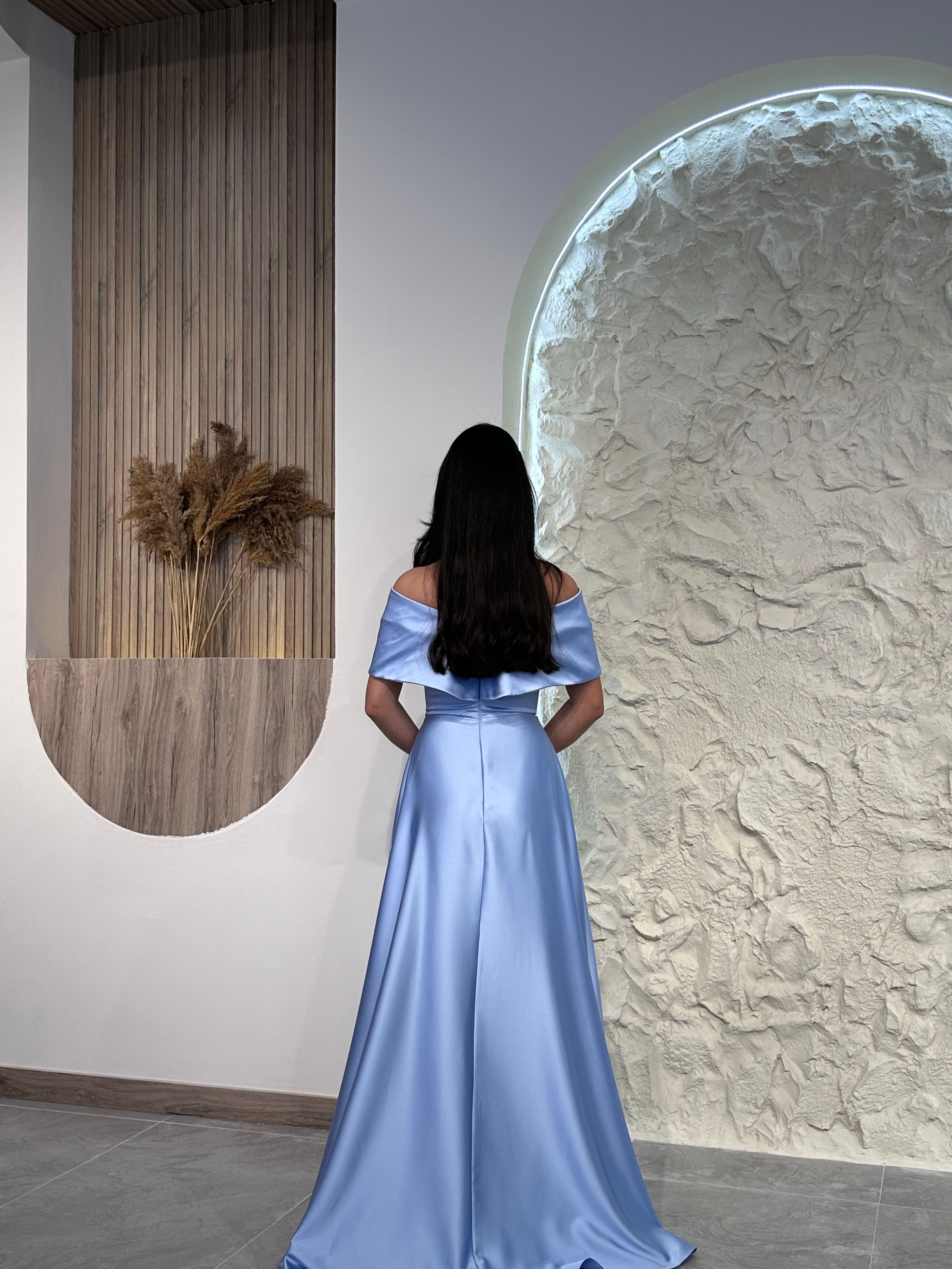 1035 Taş Detaylı Saten Abiye Elbise - Bebe Mavisi
