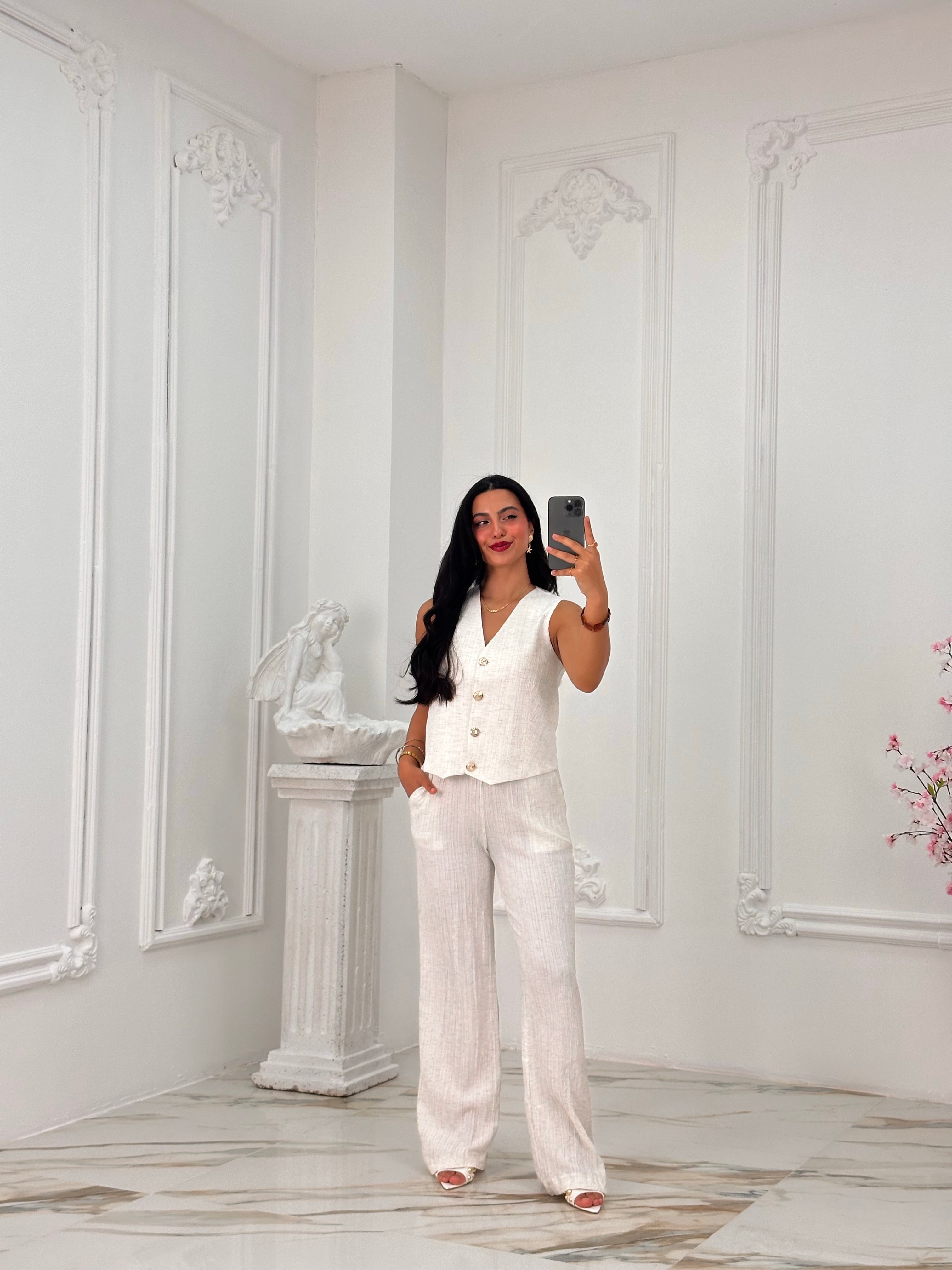 Yelekli Keten Pantolon Takım 1040