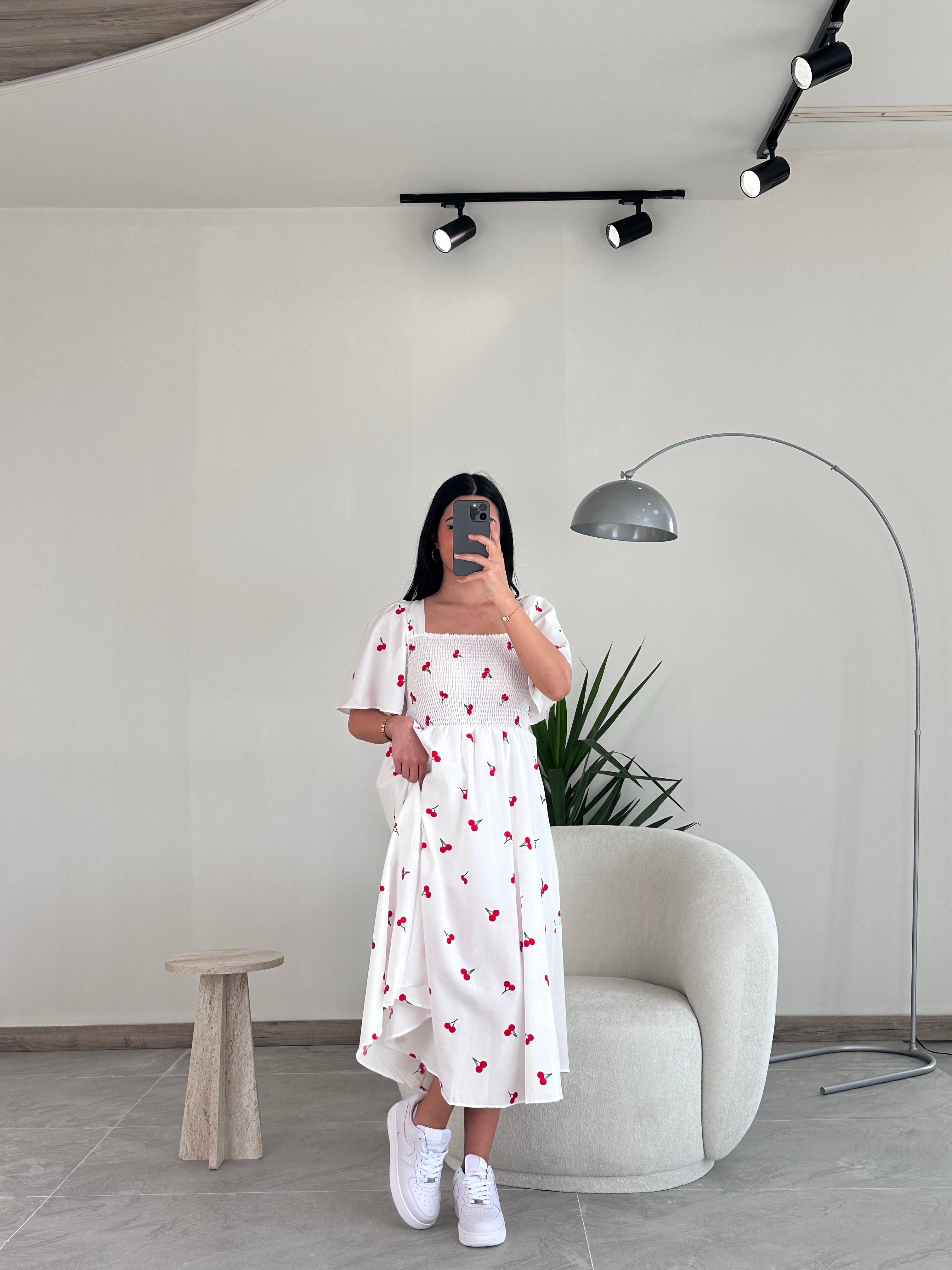 Beyaz 2101 Kirazlı Sundress Elbise