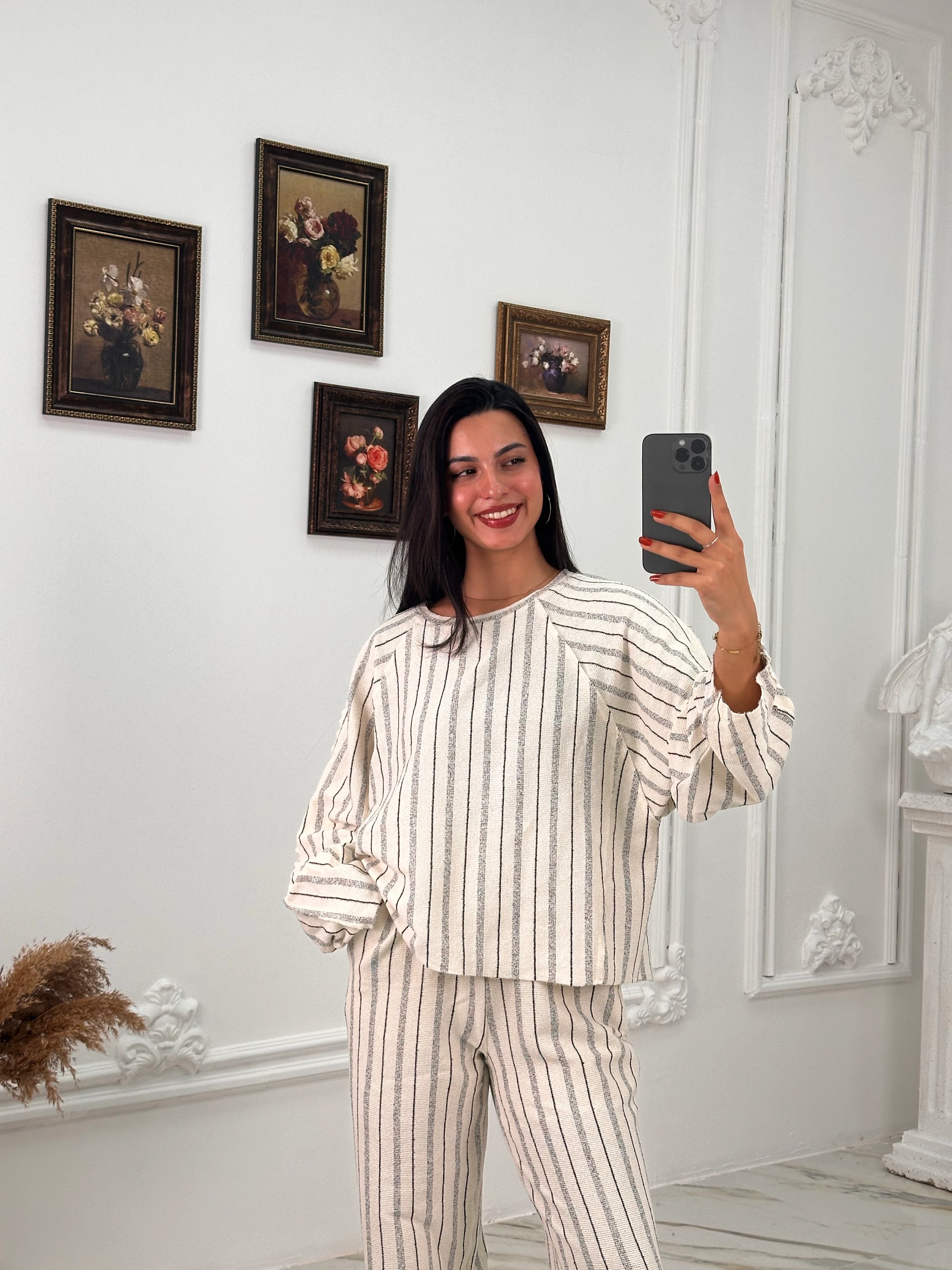  Muadil Premium Kumaş Çizgili Sweat Pantolon Takım 3006