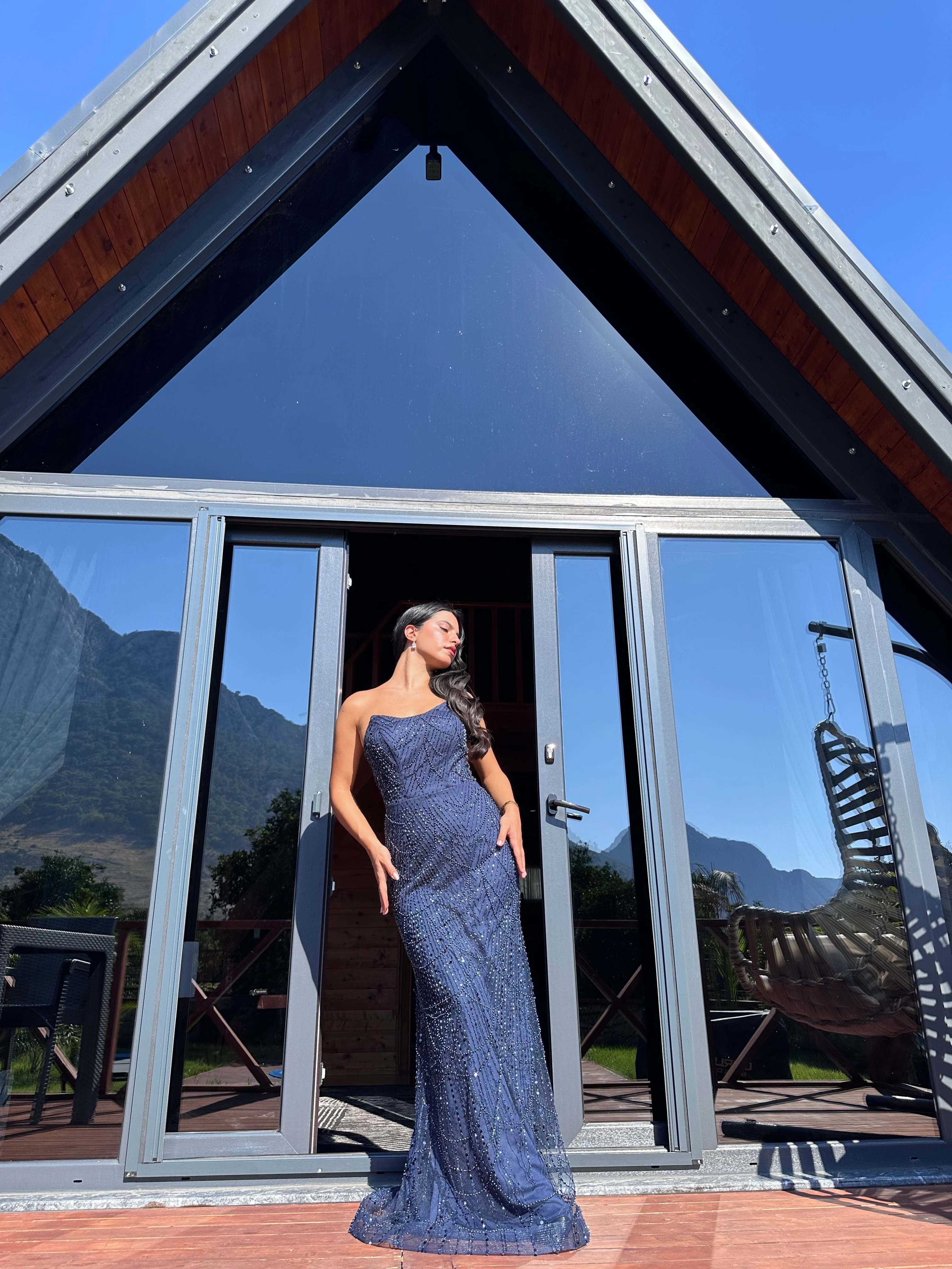 1056 (Yeni Seri) Pul Detaylı Abiye Elbise - Lacivert