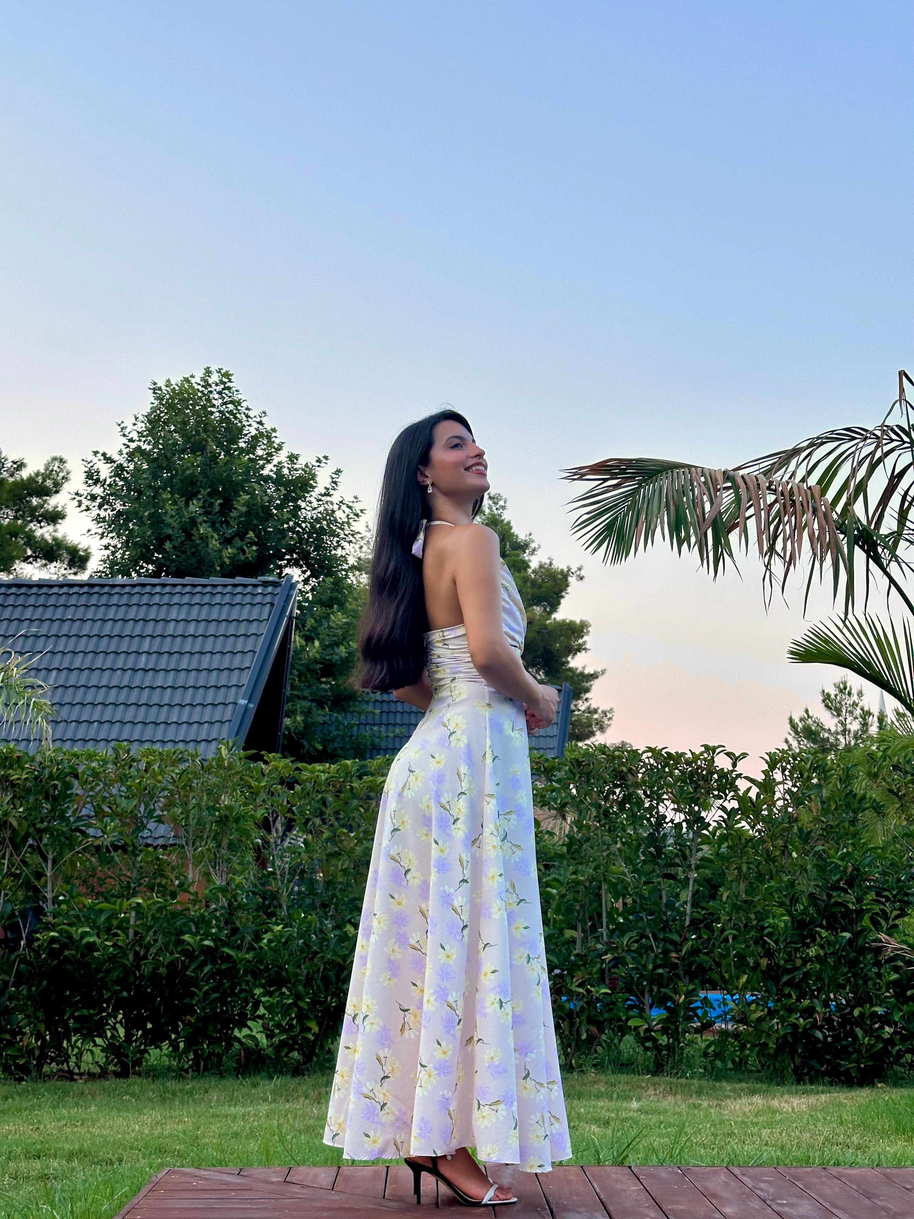 2363 Floral Sundress Elbise  - Krem