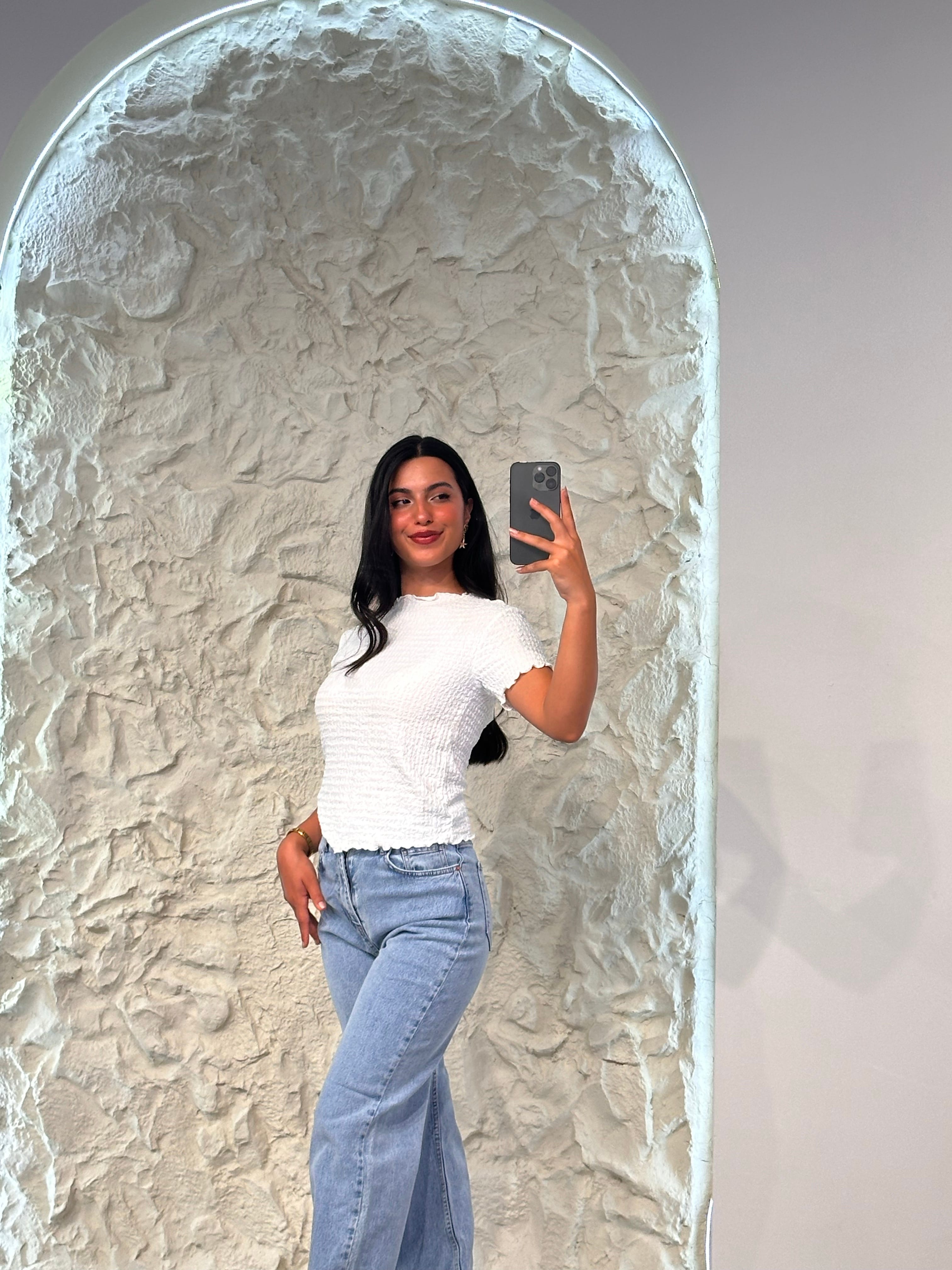 0014 Gofre Kumaş T-shirt - Beyaz