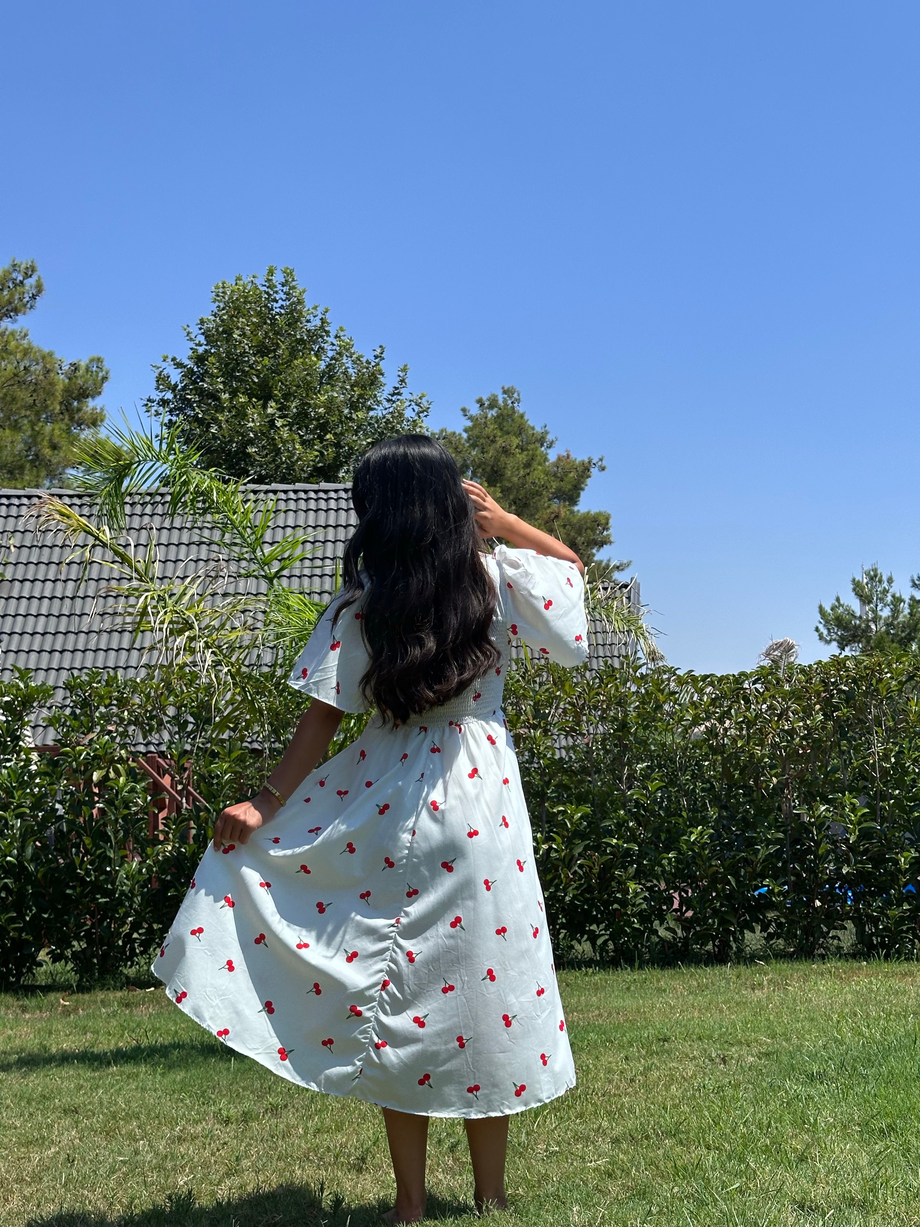Beyaz 2101 Kirazlı Sundress Elbise
