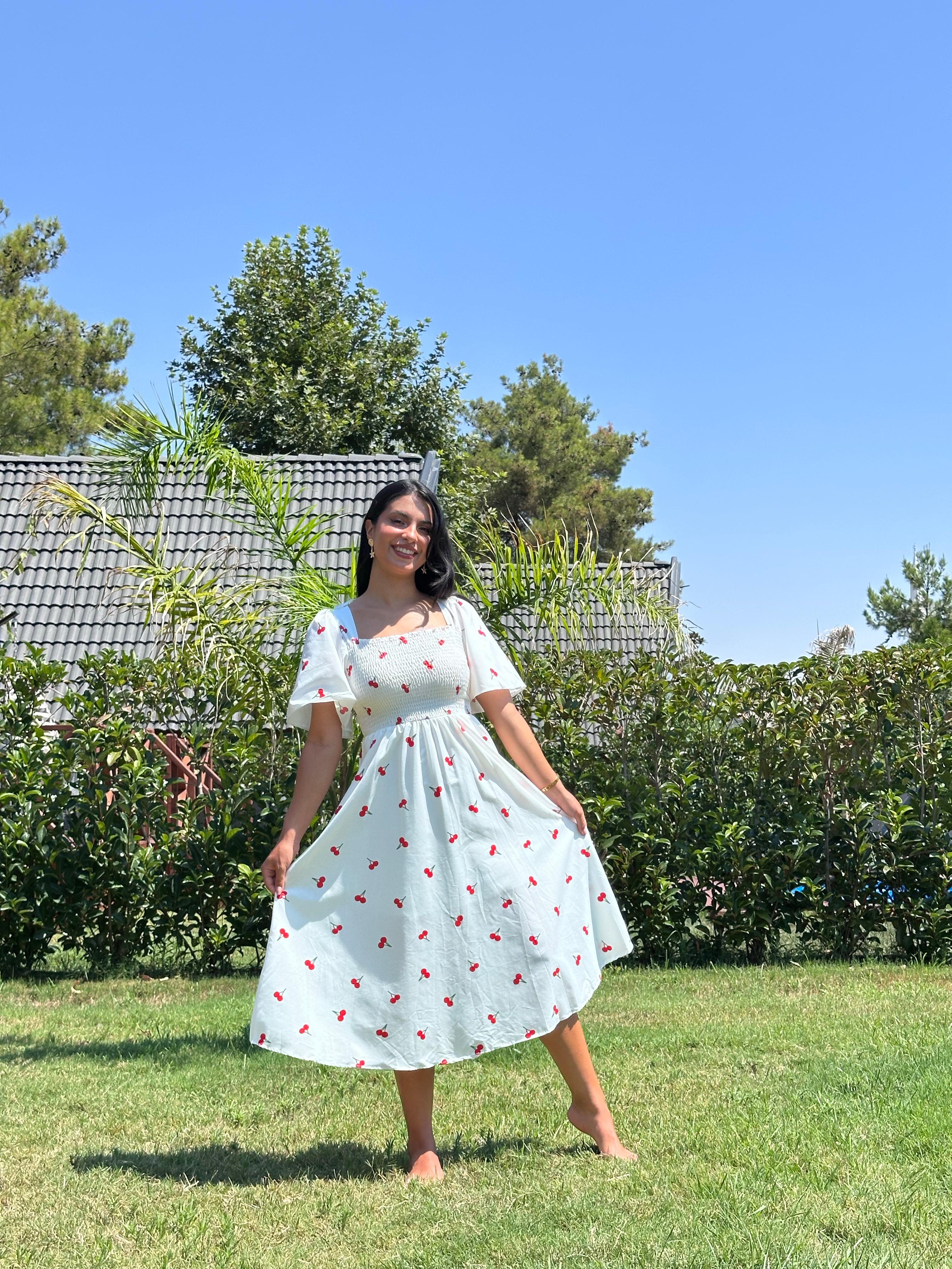Beyaz 2101 Kirazlı Sundress Elbise