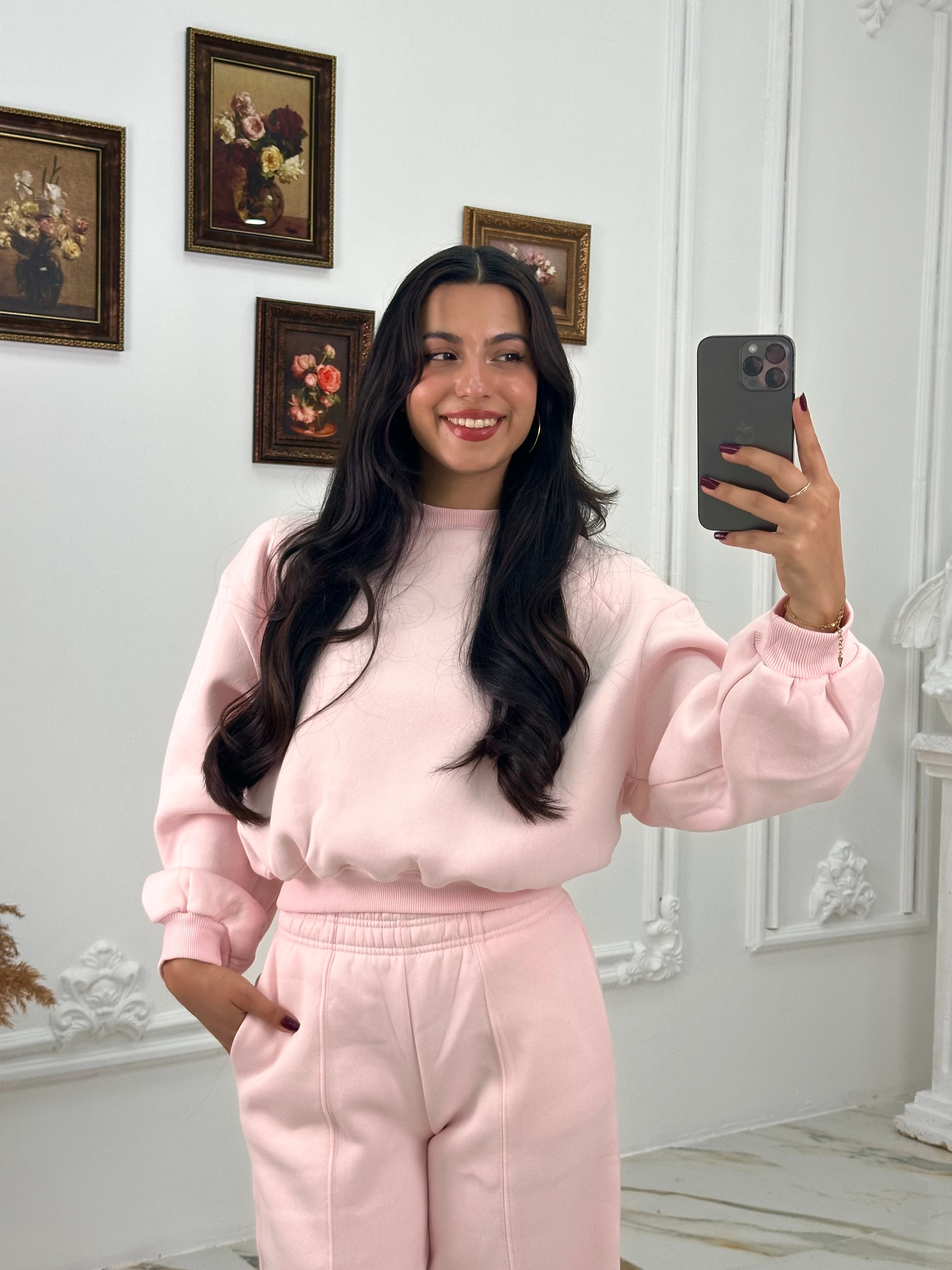 634 Muadil Oversize Şardonlu Takım - Pembe