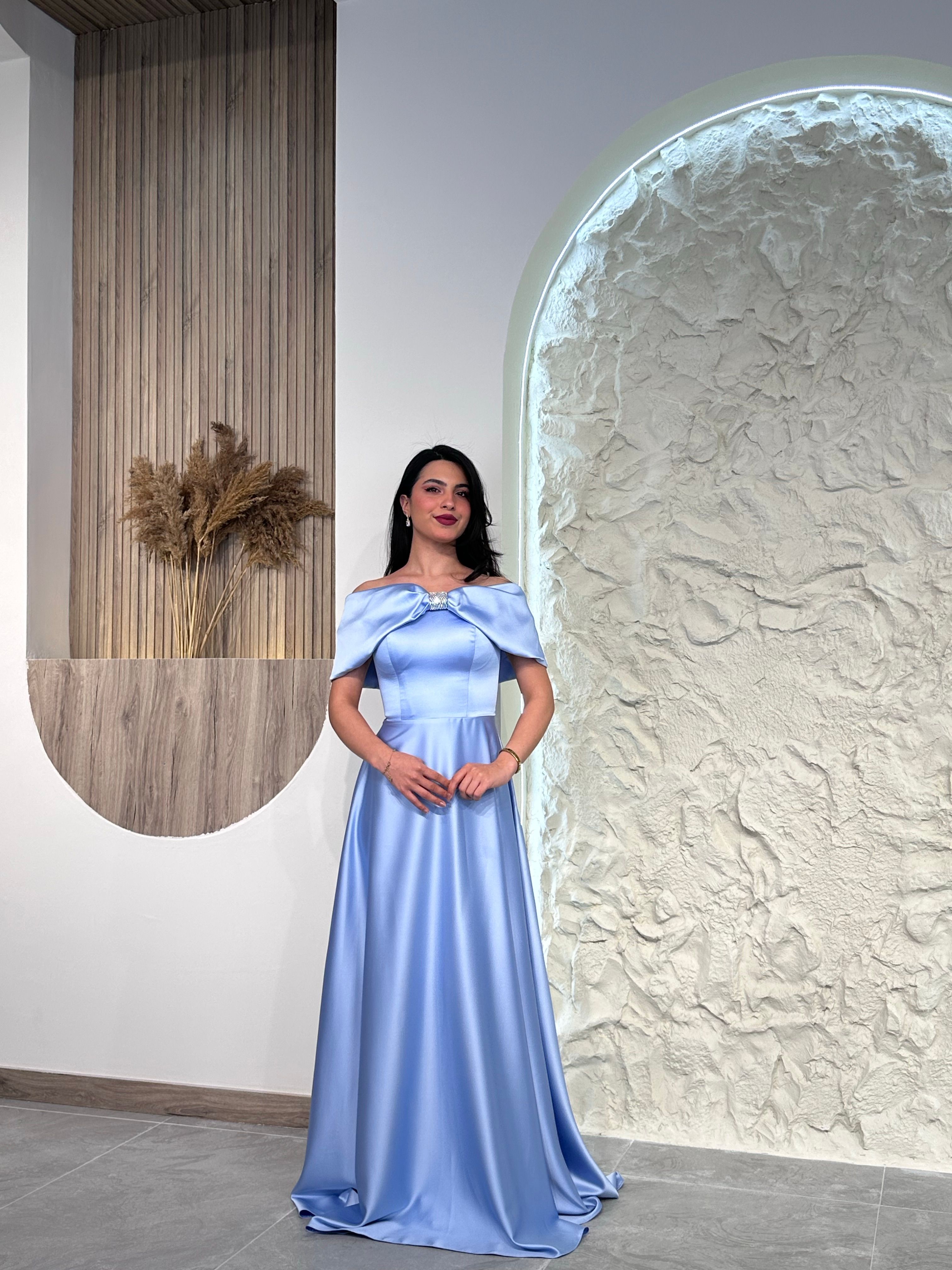 1035 Taş Detaylı Saten Abiye Elbise - Bebe Mavisi