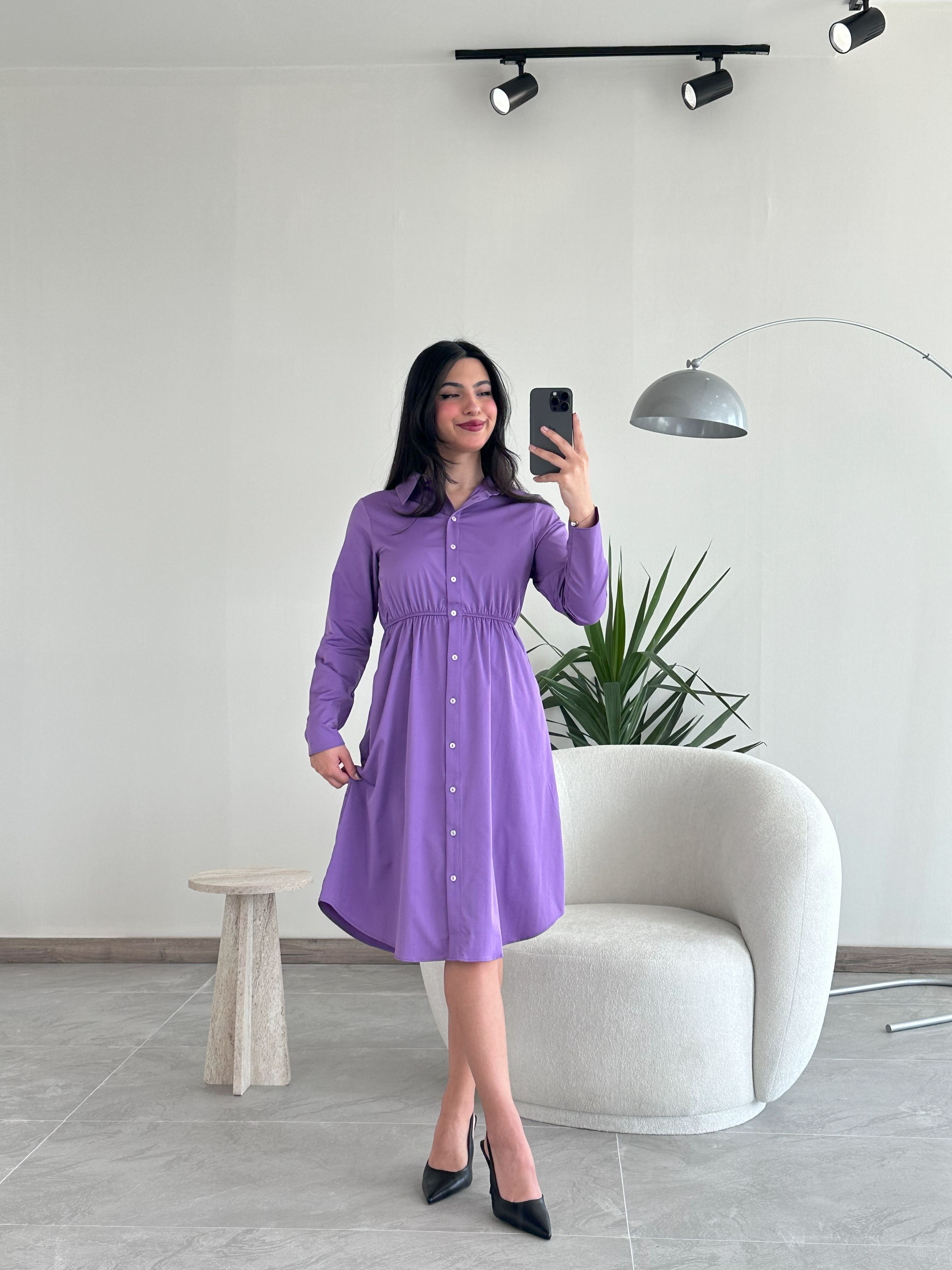 Mor Beli Lastikli Elbise 2202