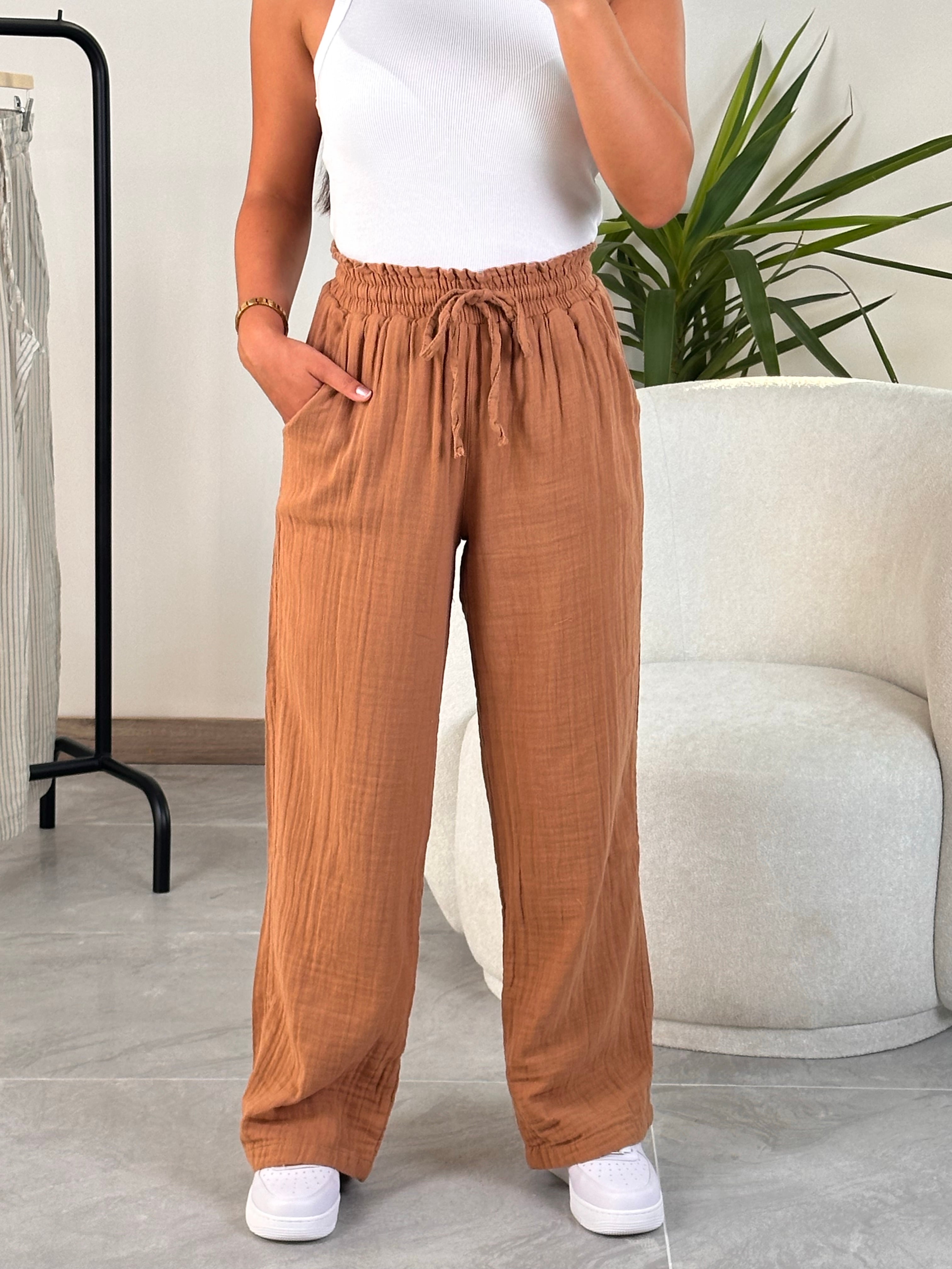 2480 Muadil Bağcıklı Müslin Pantolon - Kahverengi