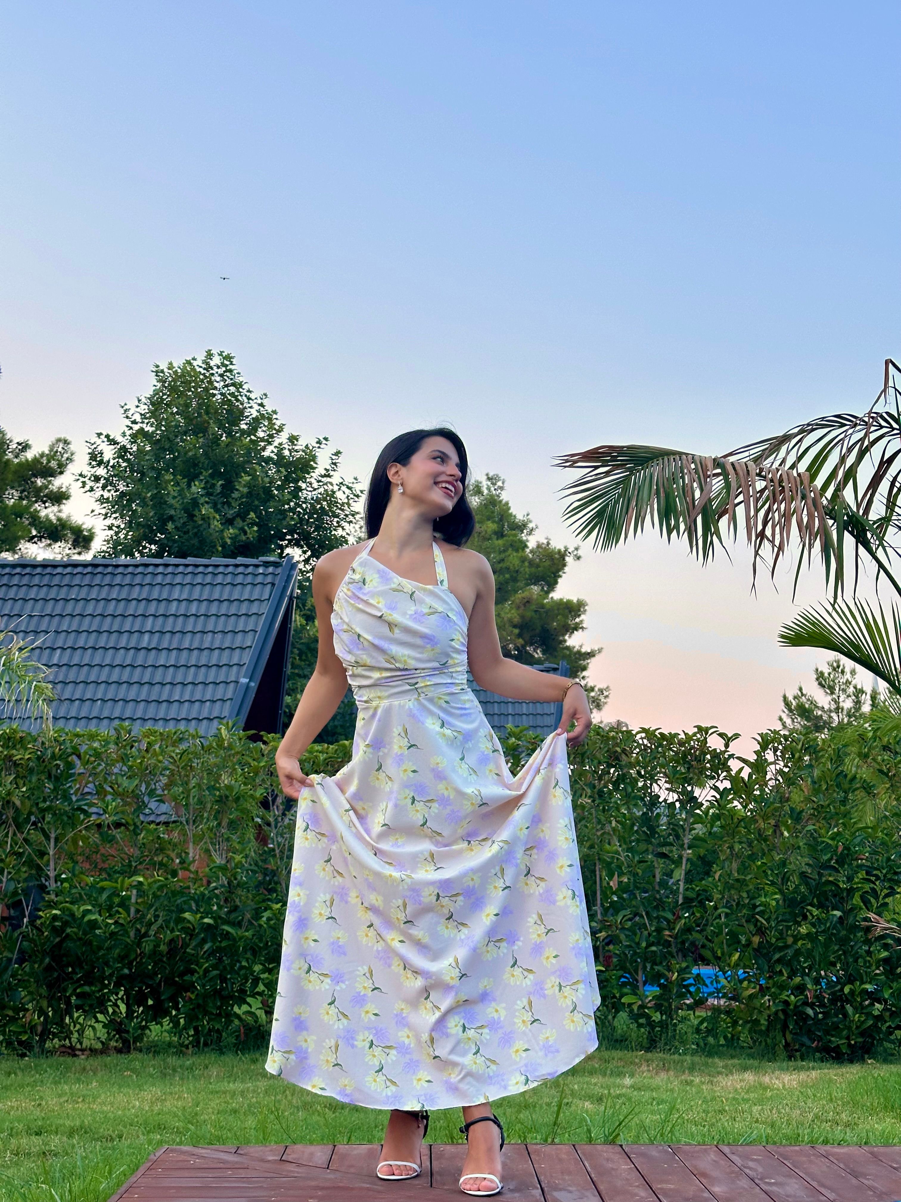 2363 Floral Sundress Elbise  - Krem