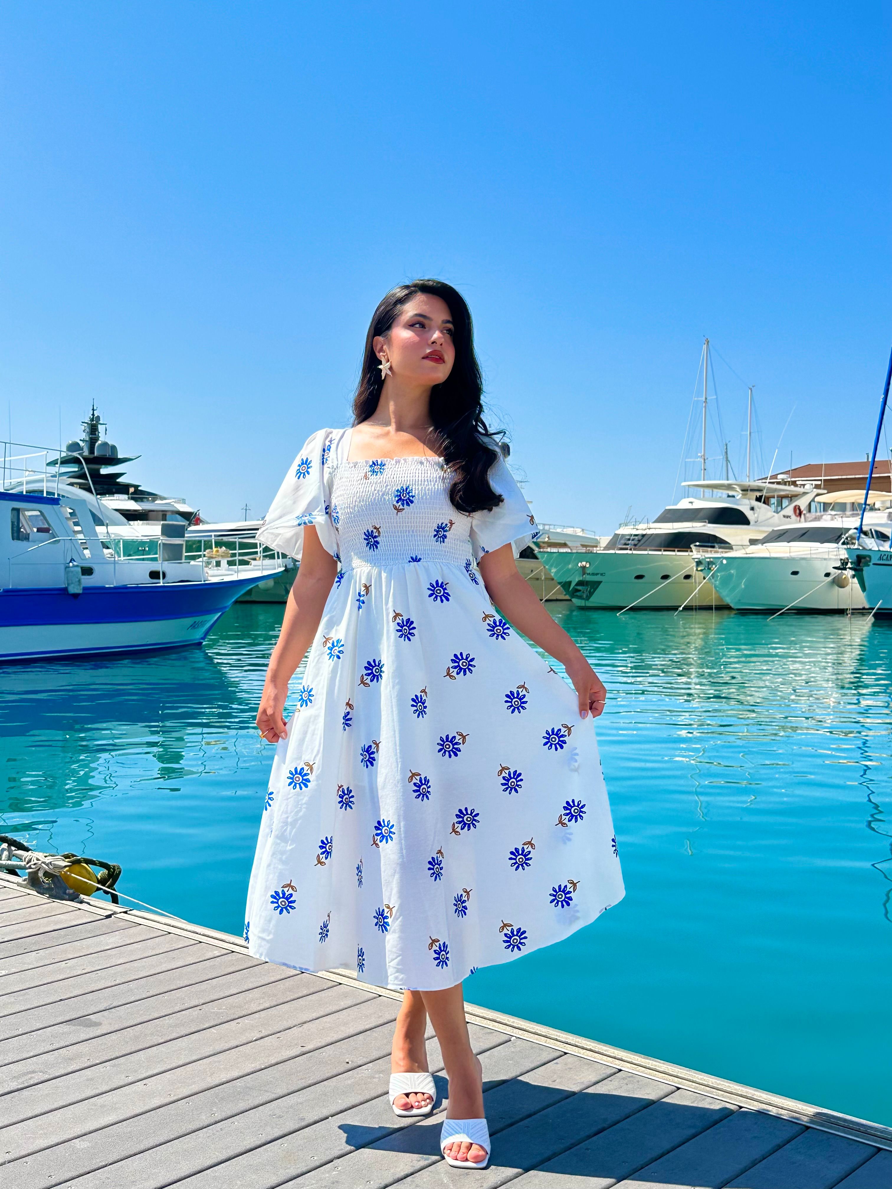 Beyaz 2101 Çiçekli Sundress Elbise