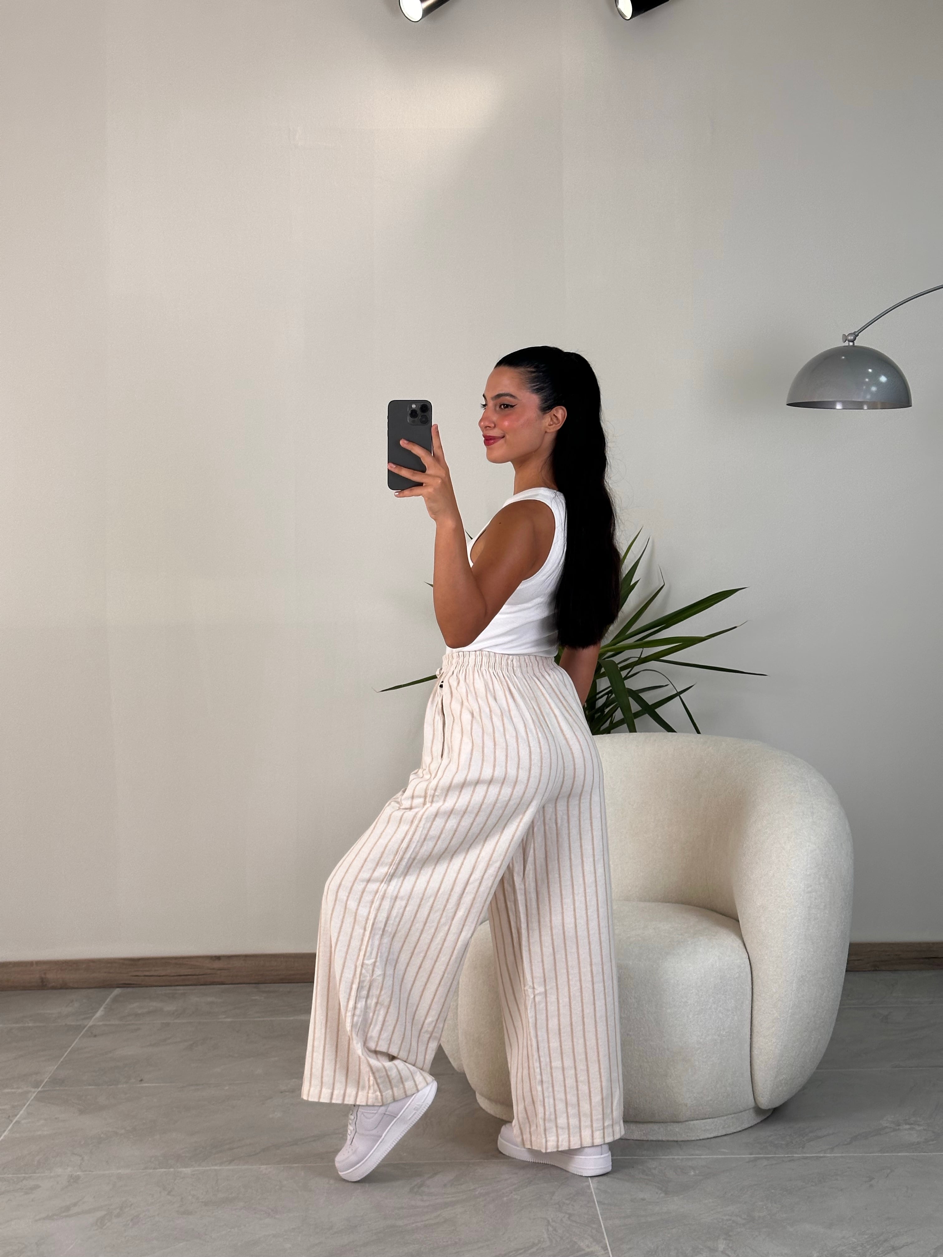 2490 Muadil Çizgili Keten Pantolon - Krem