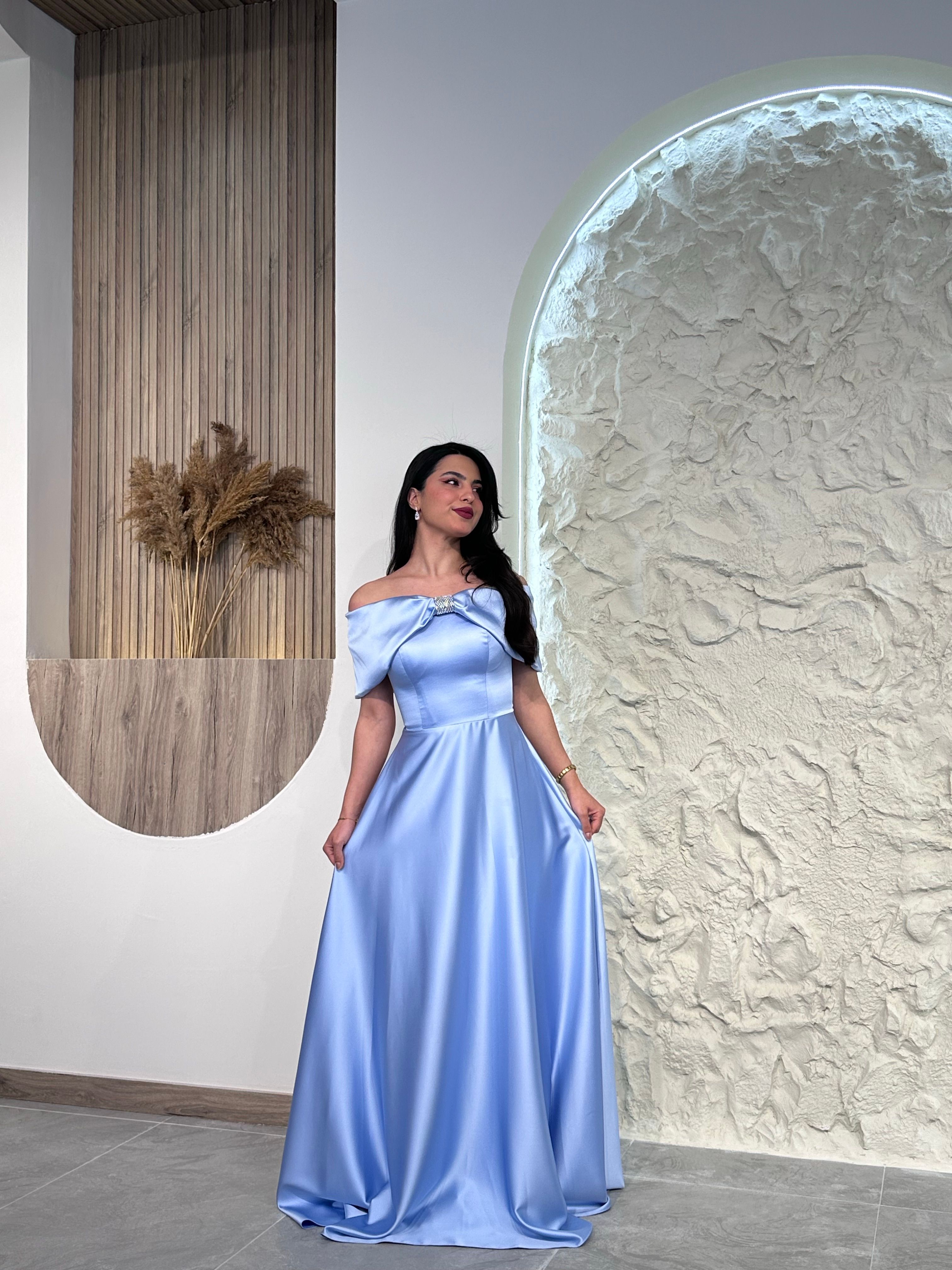 1035 Taş Detaylı Saten Abiye Elbise - Bebe Mavisi