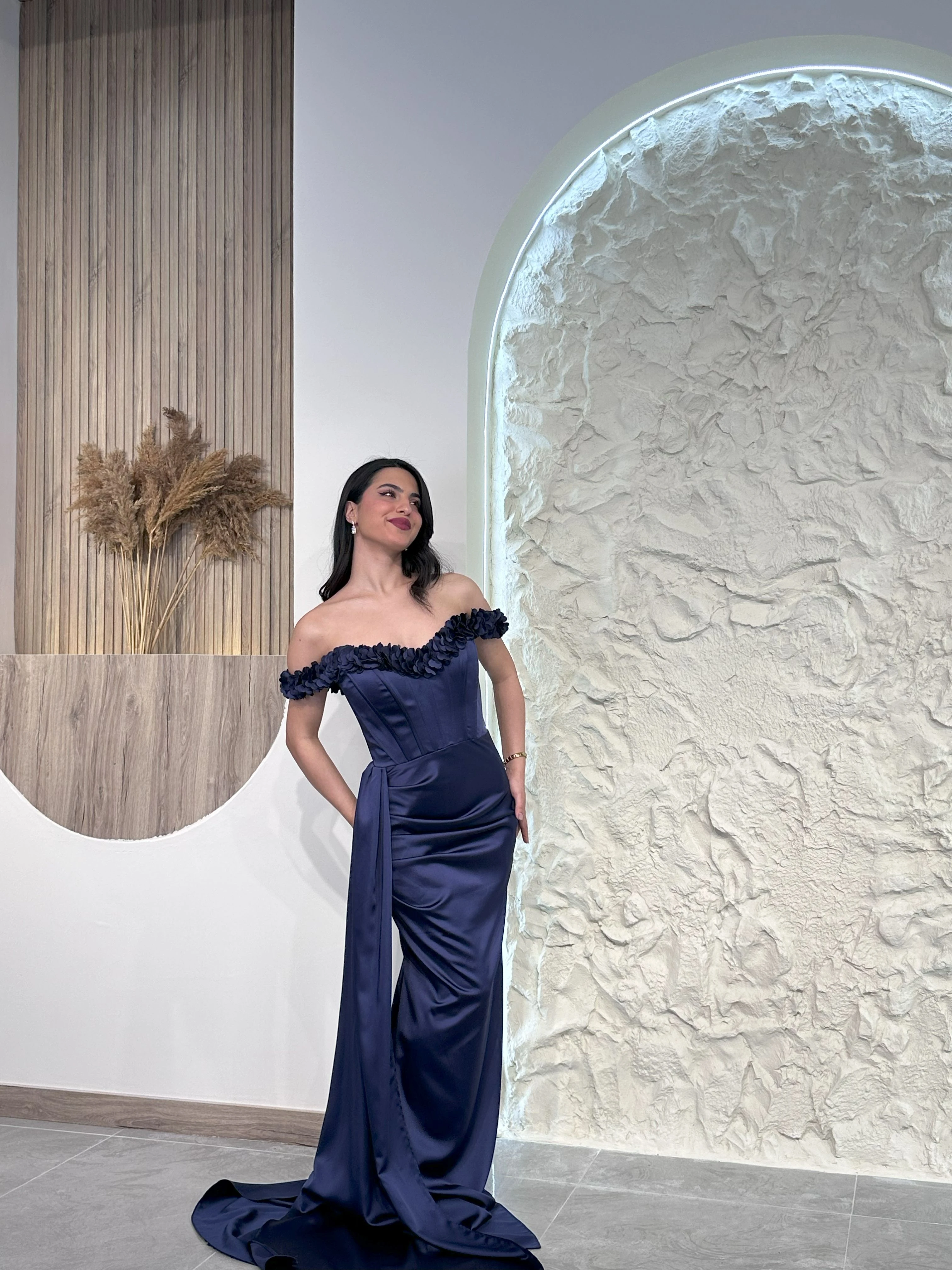 Lacivert 1002 Çiçek Detaylı Abiye Elbise