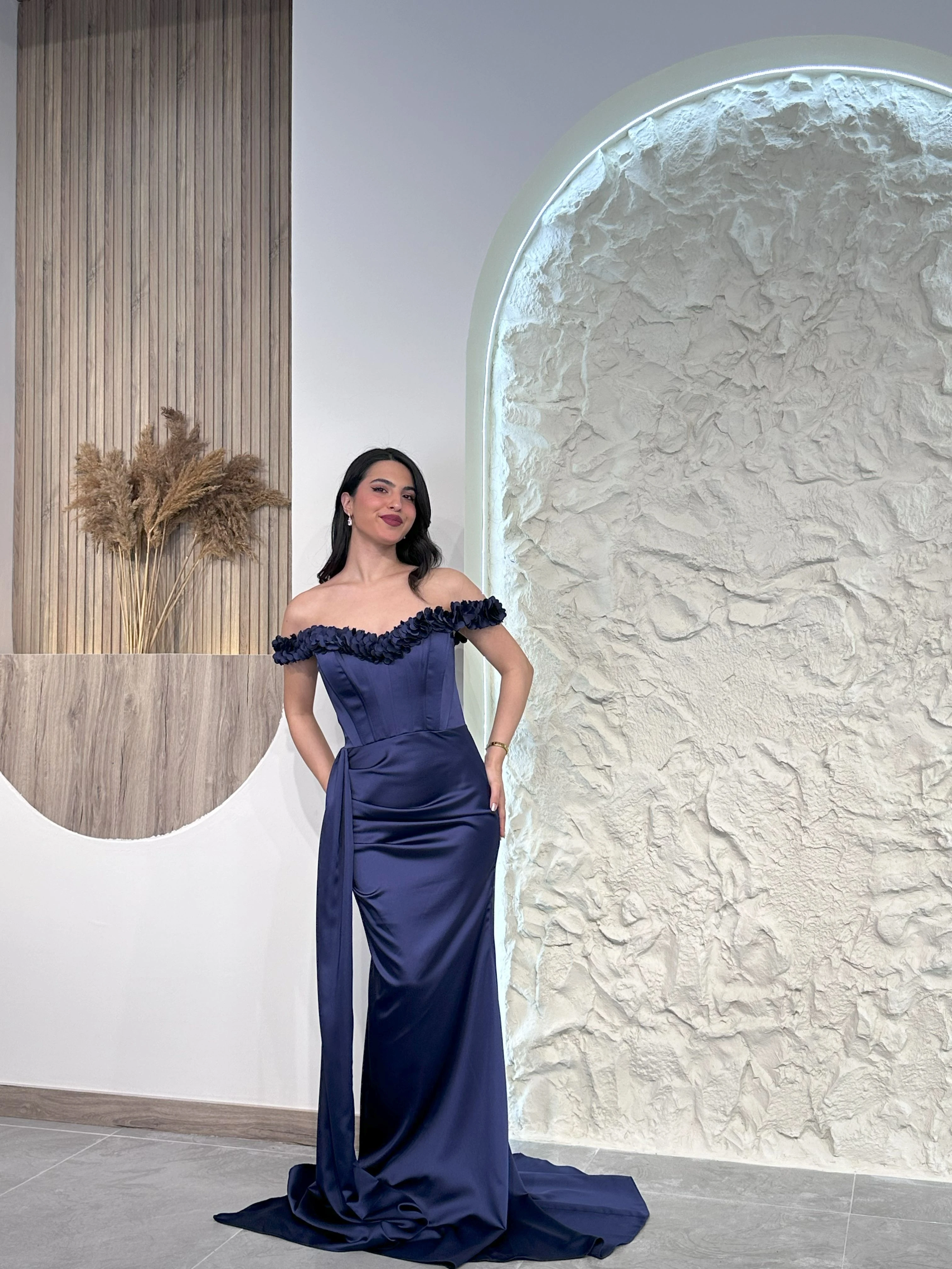 Lacivert 1002 Çiçek Detaylı Abiye Elbise