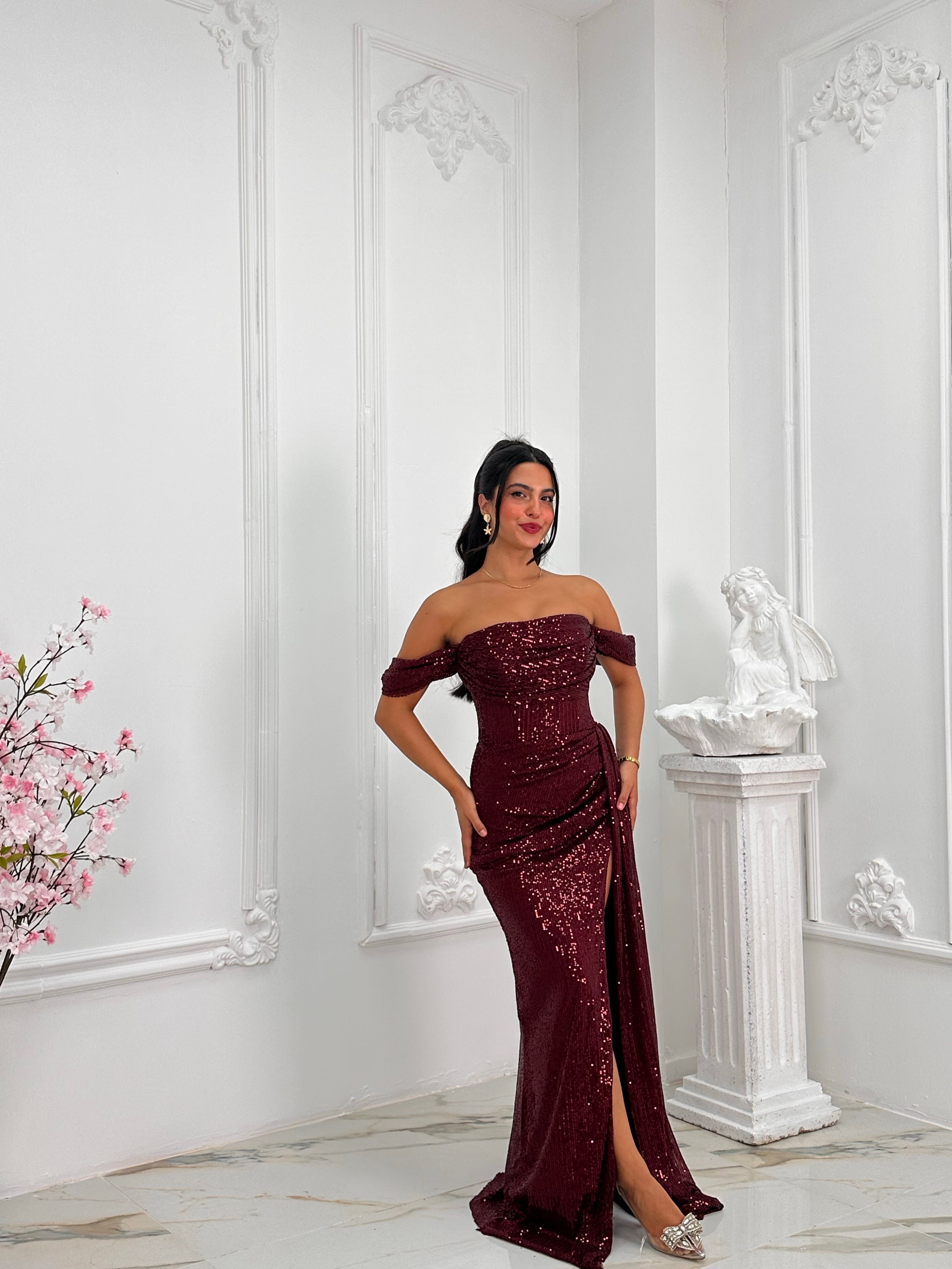 1065 Pullu Payetli Abiye Elbise - Bordo