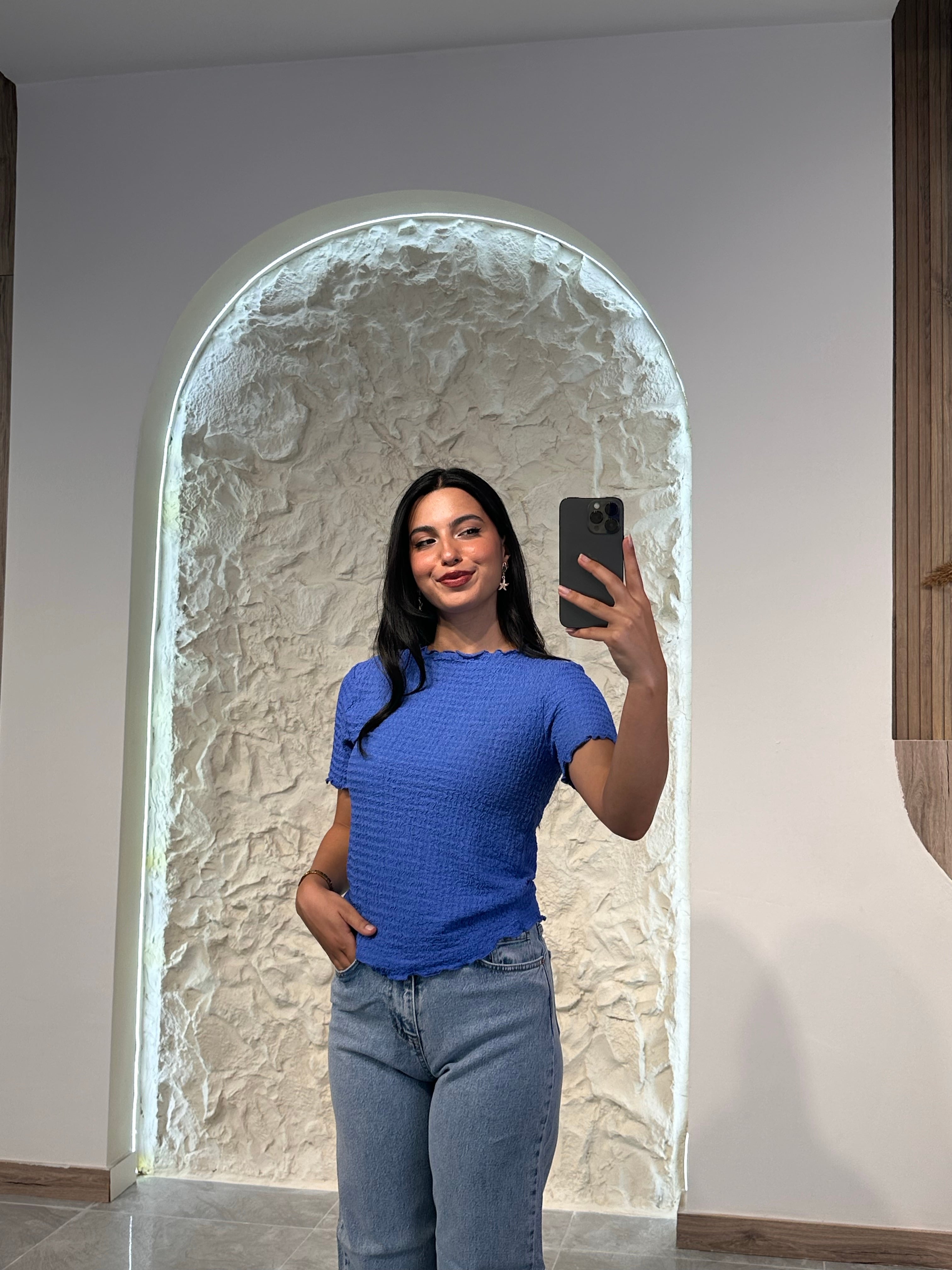 0014 Gofre Kumaş T-shirt - Lacivert