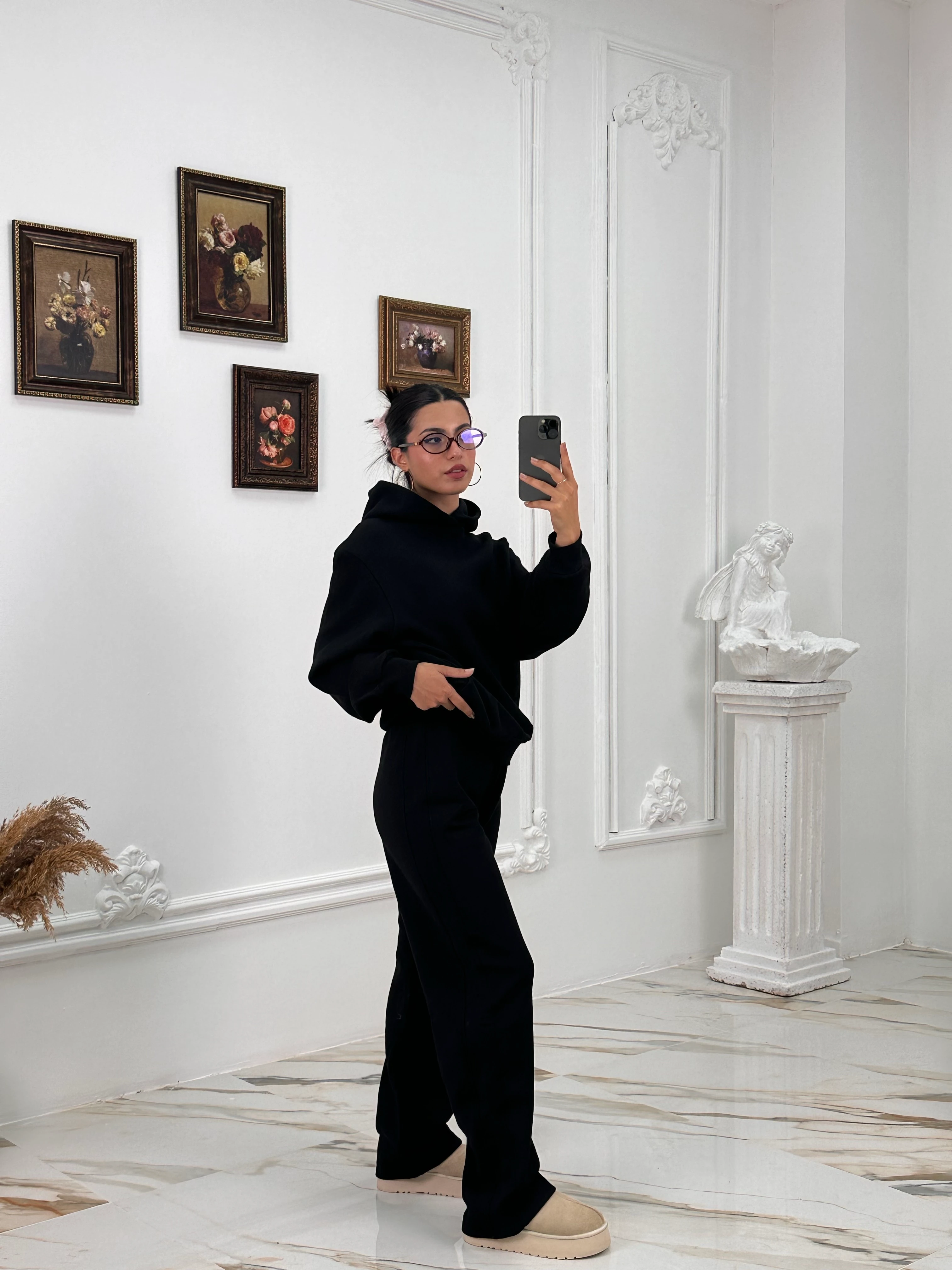 633 Muadil Oversize Şardonlu Hoodie Takım - Siyah