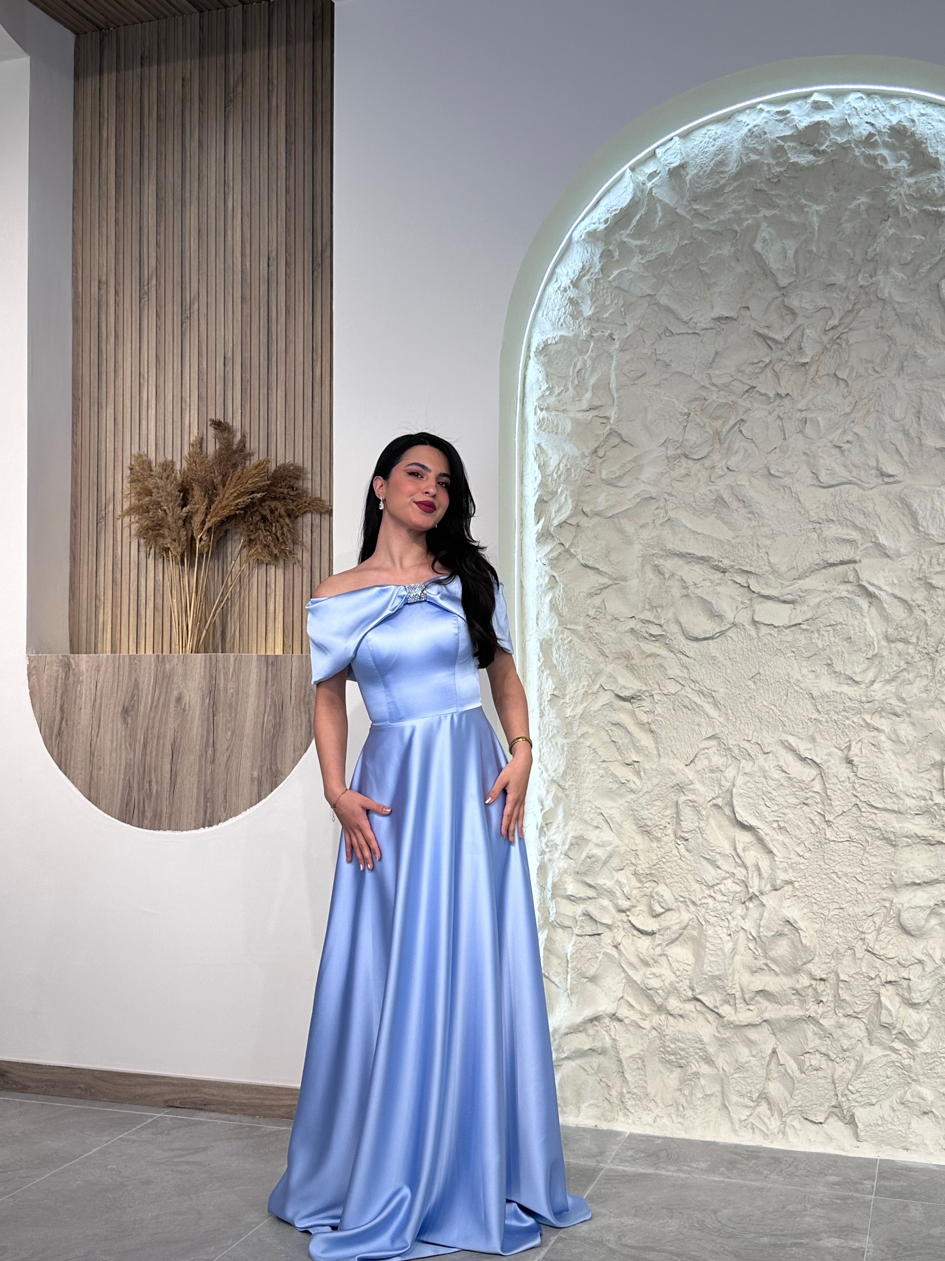 1035 Taş Detaylı Saten Abiye Elbise - Bebe Mavisi