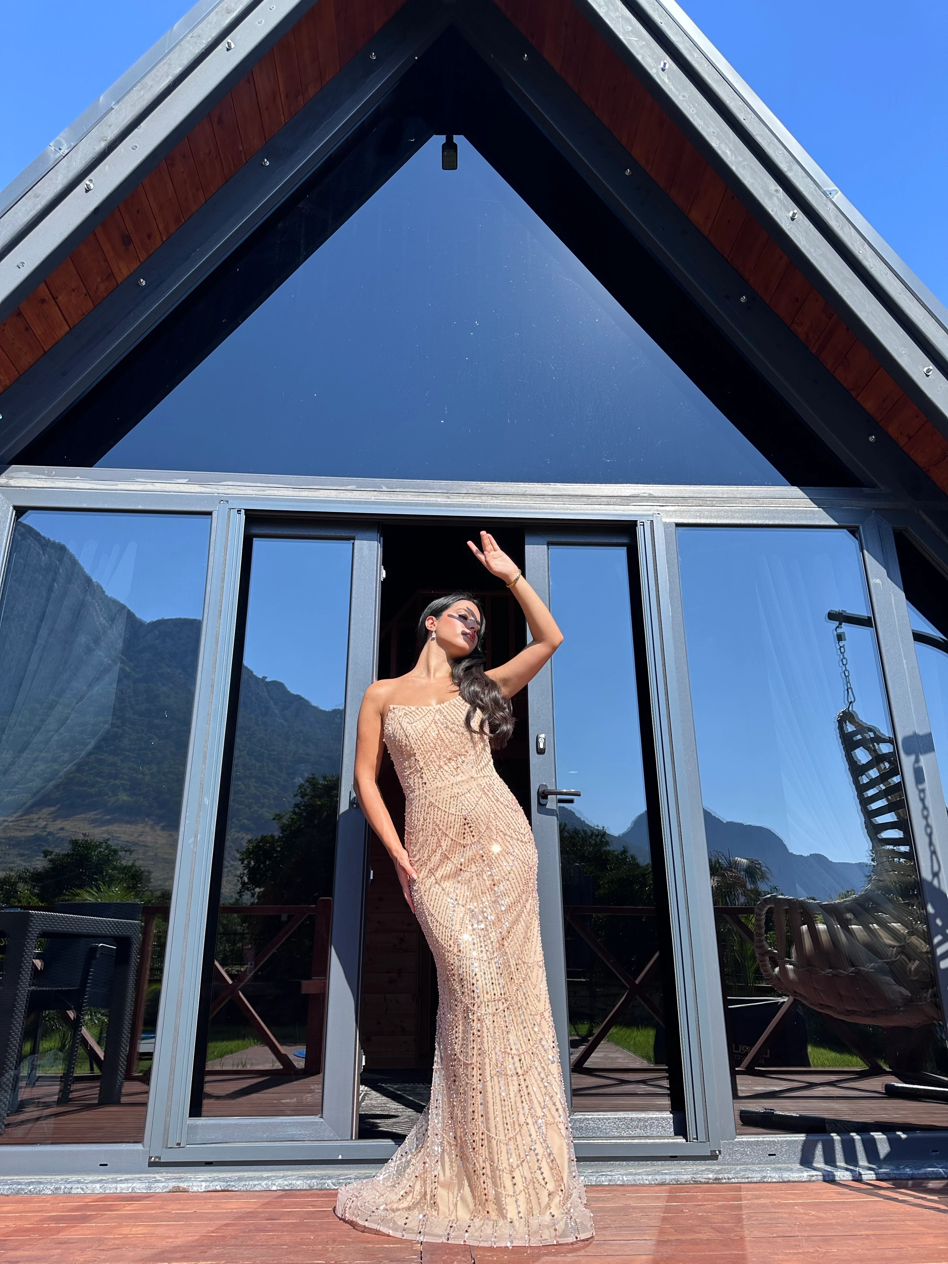 1056 (Yeni Seri) Pul Detaylı Abiye Elbise - Bej