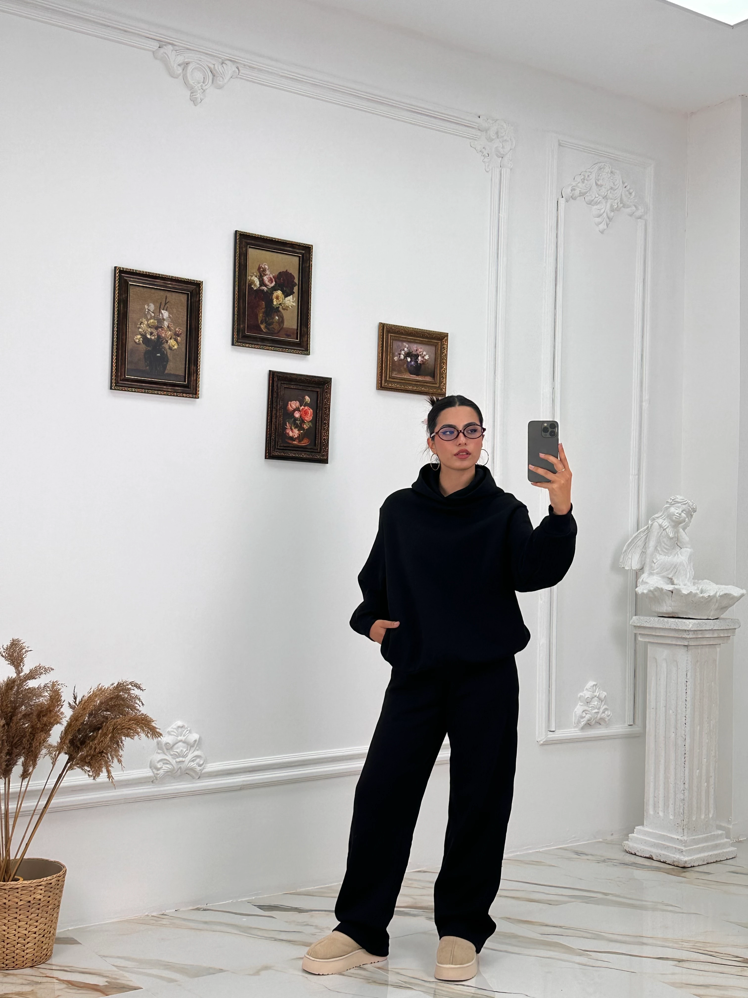 633 Muadil Oversize Şardonlu Hoodie Takım - Siyah