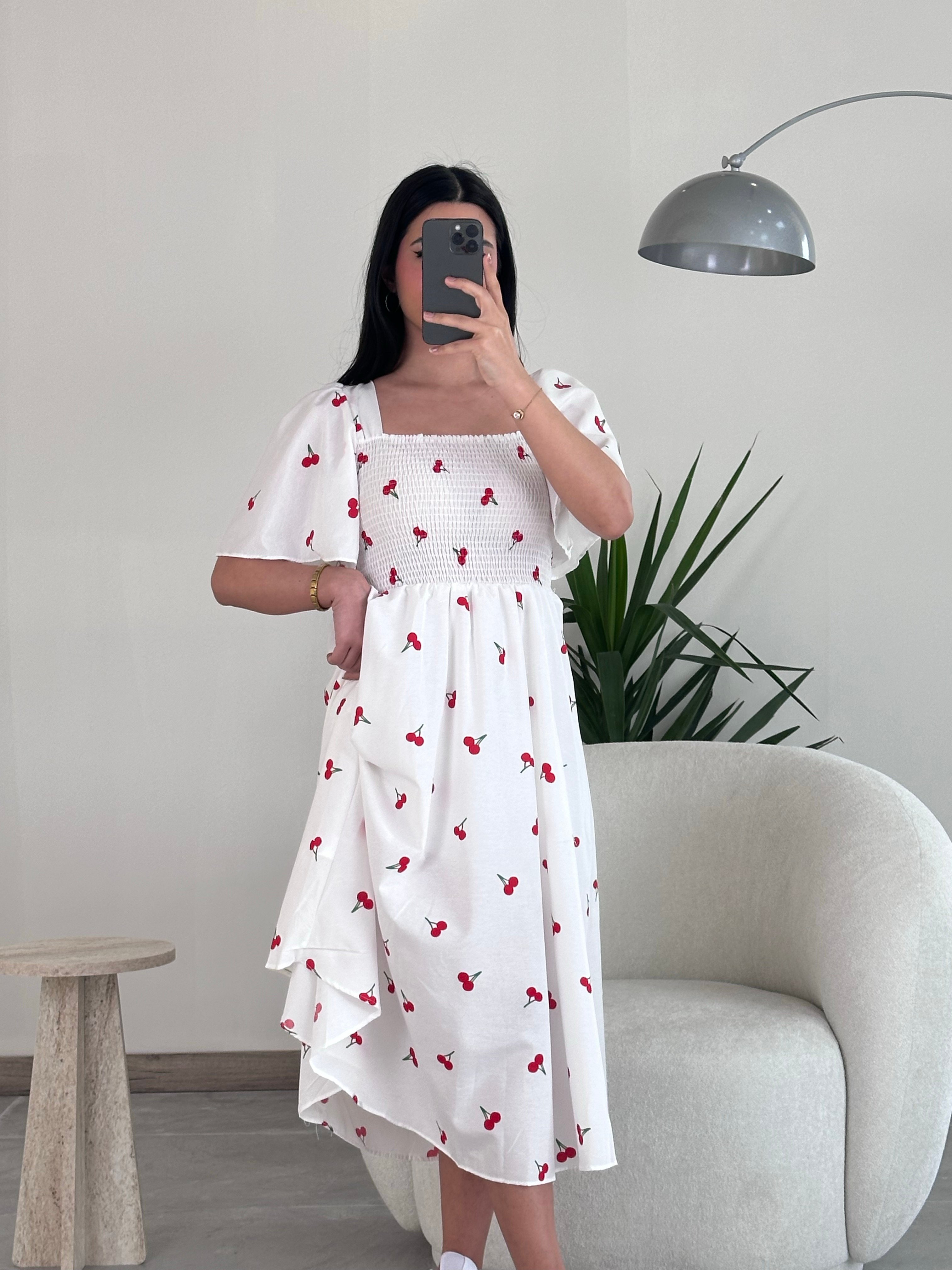 Beyaz 2101 Kirazlı Sundress Elbise